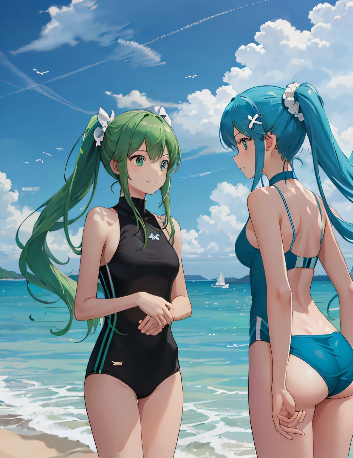((Masterpiece))),Superb Picture Quality,Ultra Detail,Ultra High Definition (((Masterpiece))),Superb Picture Quality,Ultra Detail,Ultra High Definition,Vacation,Cove Without People,Sound of Waves,Blue Sky,Smile,Two Shot,Twins,Sister,Sisters,(1 Girl),Sister,Ponytail,Green Hair,Competitive Swimsuit,(2 girls),Sister,Twin Tails,Green hair,Competitive swimsuit,Summer, Beautiful sky, Thin outline, Light reflection, Pair, It emphasizes the exquisite beauty of a beautiful girl. Watch the best quality