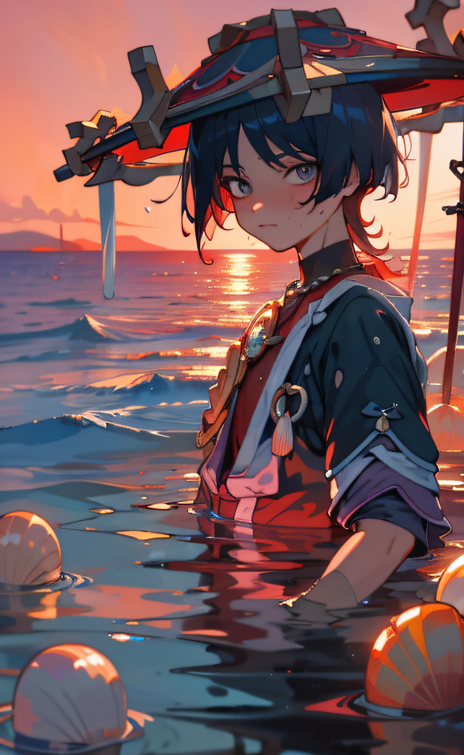(masterpiece), (best quality), (ultra detailed), Scaramouche(Wanderer), looking at viewer, upper body, flowing colors, red sky, sea, scale, shell, pearl, under water, wet shine, wet hair, wet clothes, beauty face