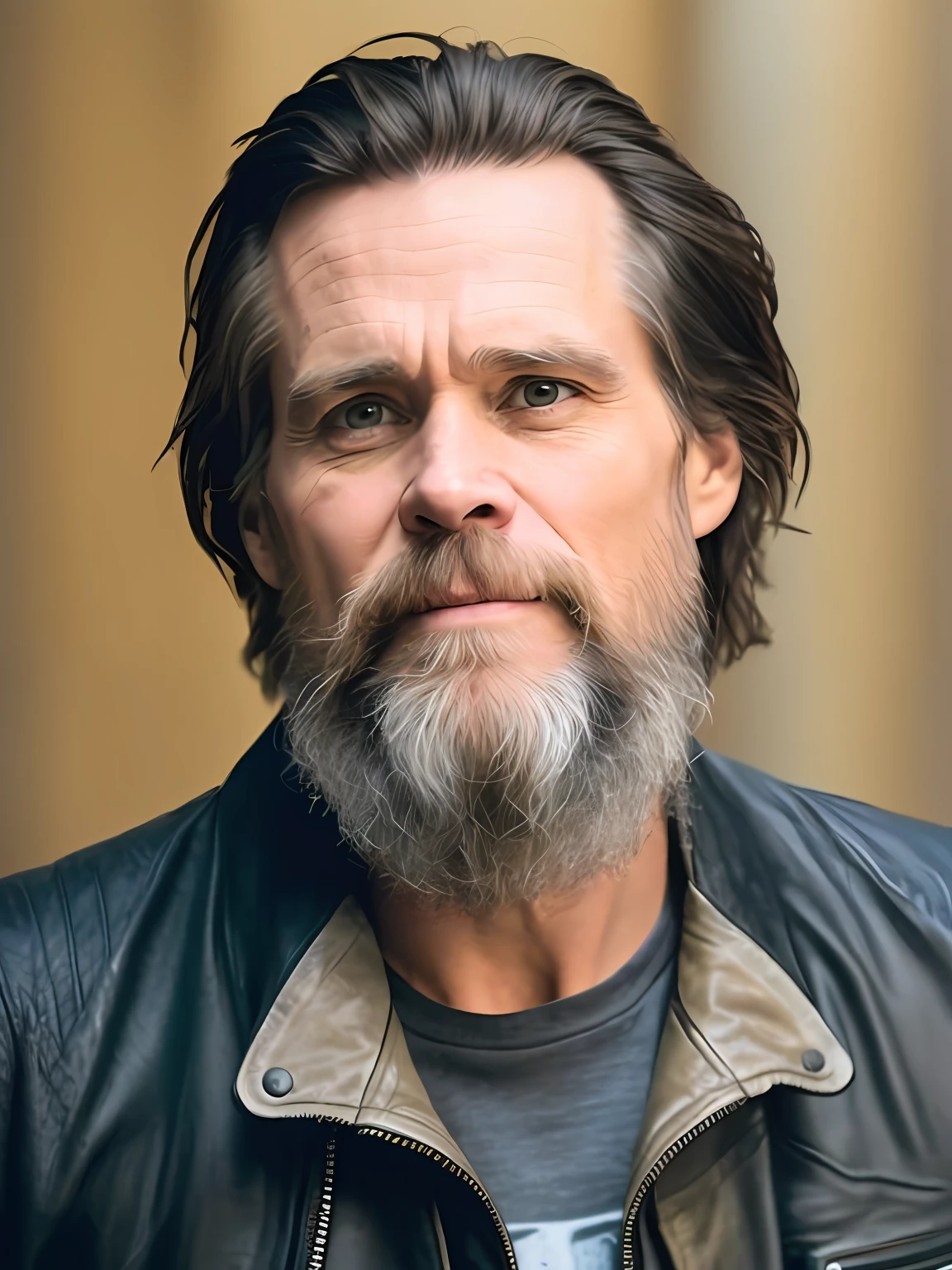 a man with a beard and a leather jacket is looking at the camera, jim carrey, jim carrey in gears of war, jim carrey as terminator, jim carrey caricature realism, jim carrey as the joker, brian wilson, he has a beard and graying hair, jeff bridges, about 3 5 years old, peter dunham, willem dafoe