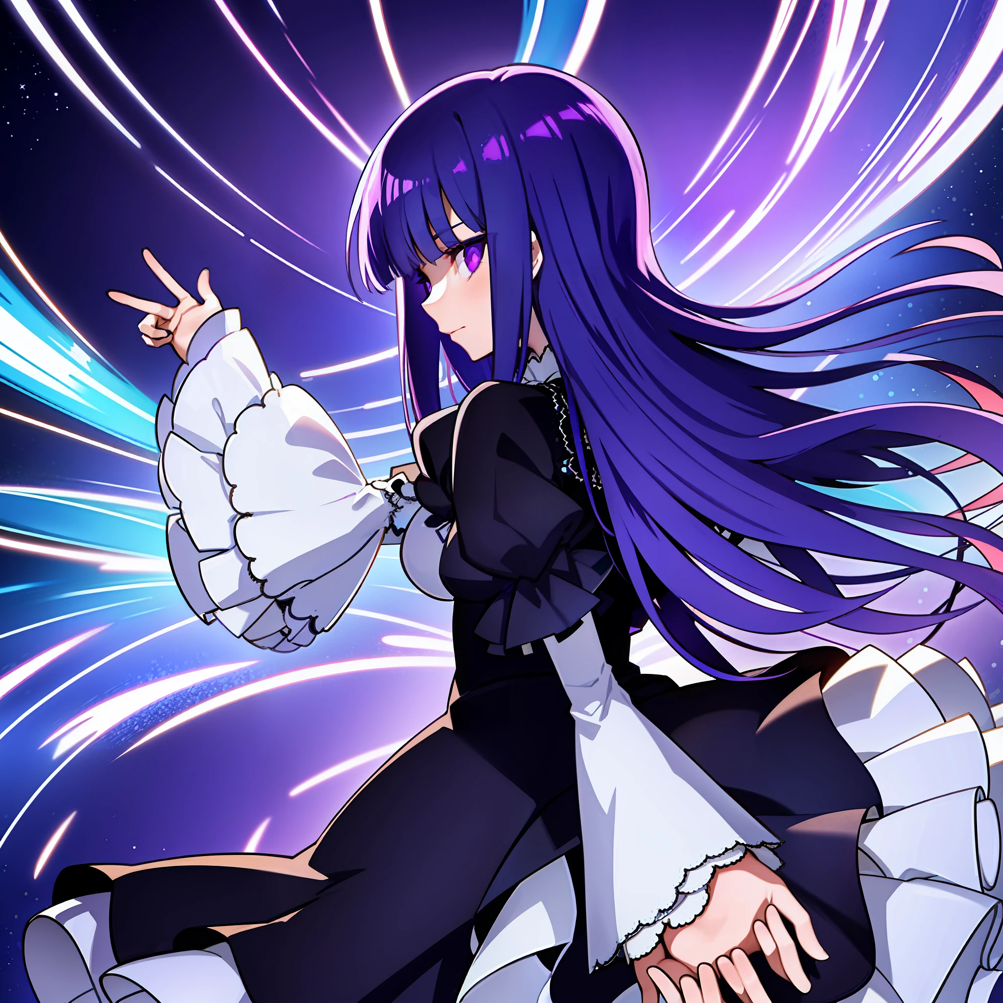 1girl, frederica bernkastel, blue hair, purple eyes, dress, detailed background, long sleeves, looking from back, dark purple space background, many crystal prisms in background, dead eyes, profile picture