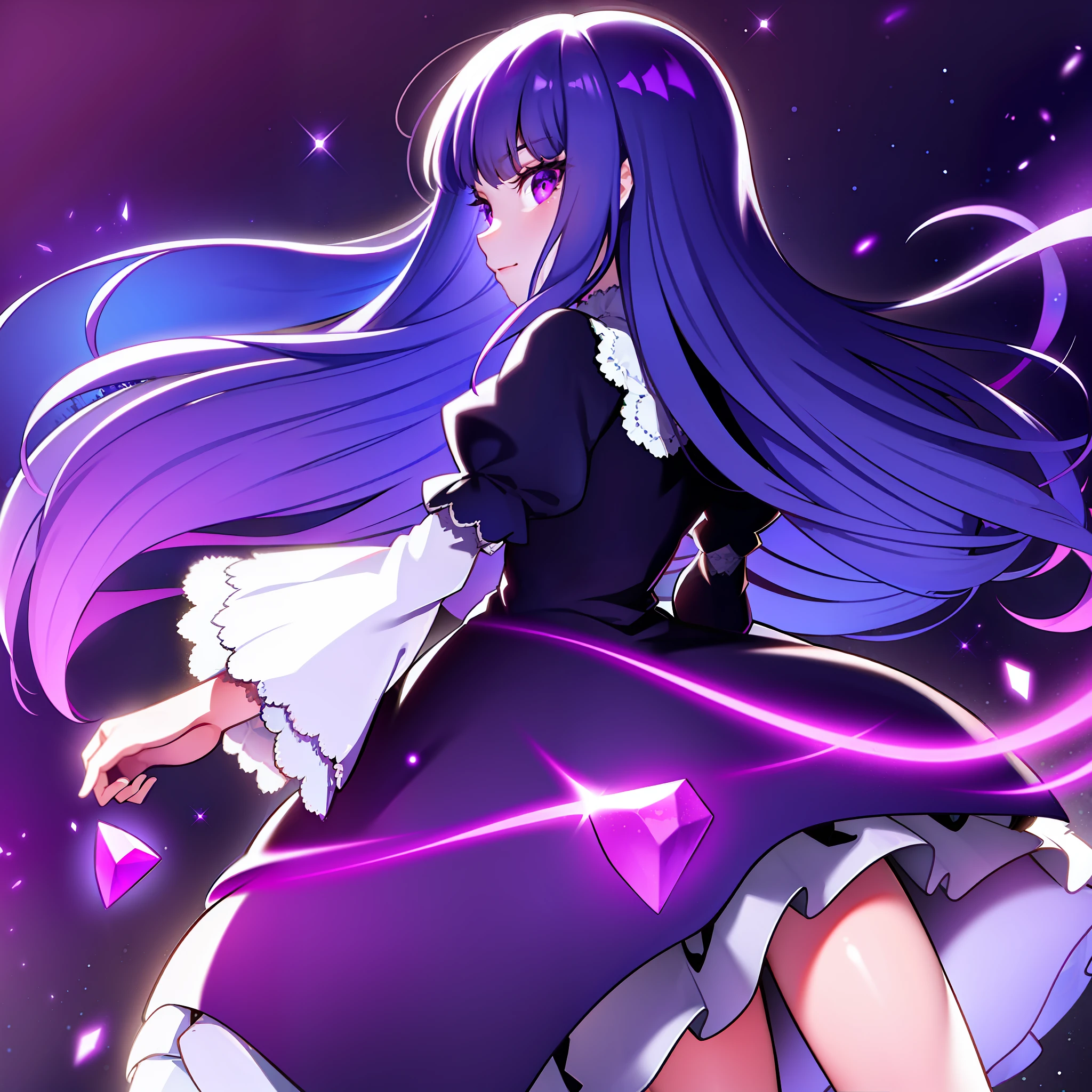 1girl, frederica bernkastel, blue hair, purple eyes, dress, detailed background, long sleeves, looking from back, dark purple space background, many crystal prisms in background, dead eyes, profile picture
