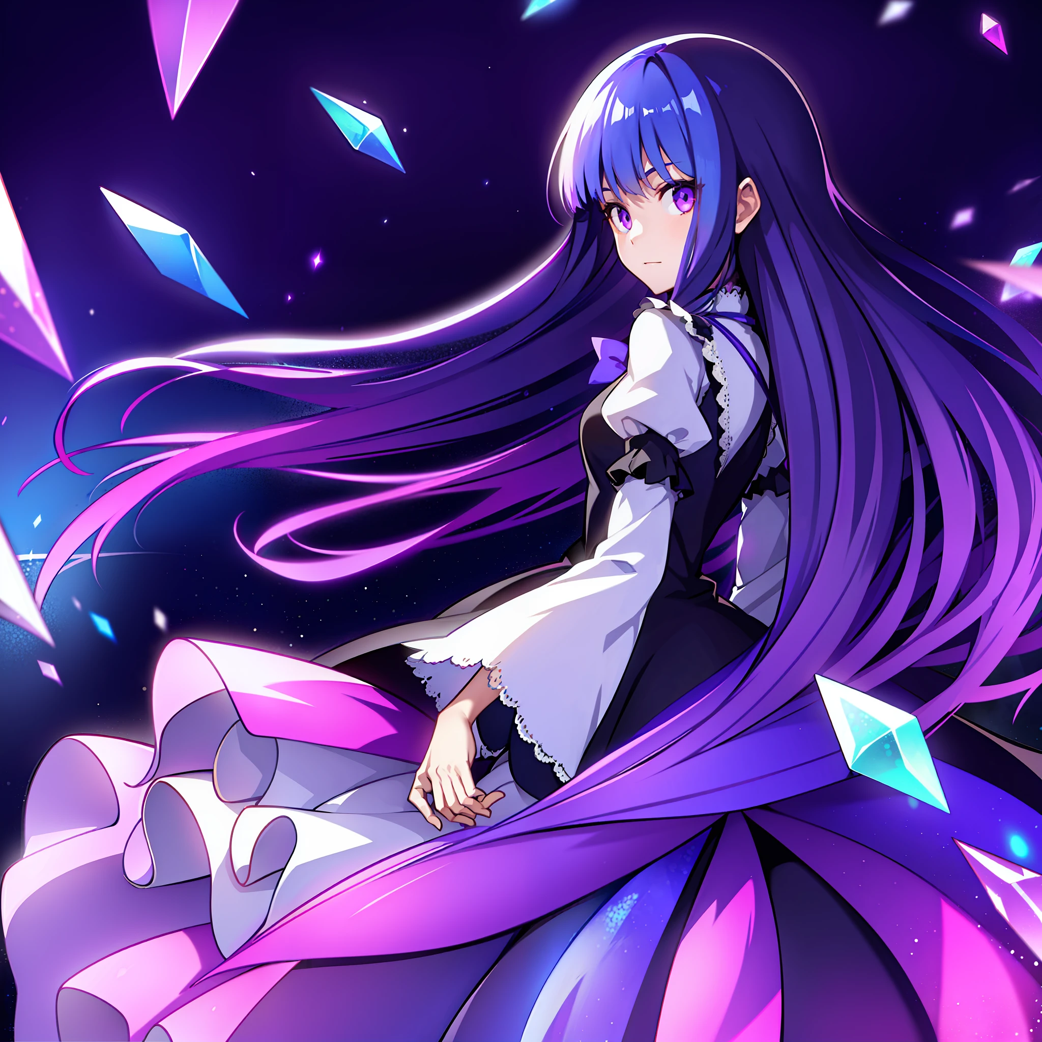 1girl, frederica bernkastel, blue hair, purple eyes, dress, detailed background, long sleeves, looking from back, dark purple space background, many crystal prisms in background, dead eyes, profile picture