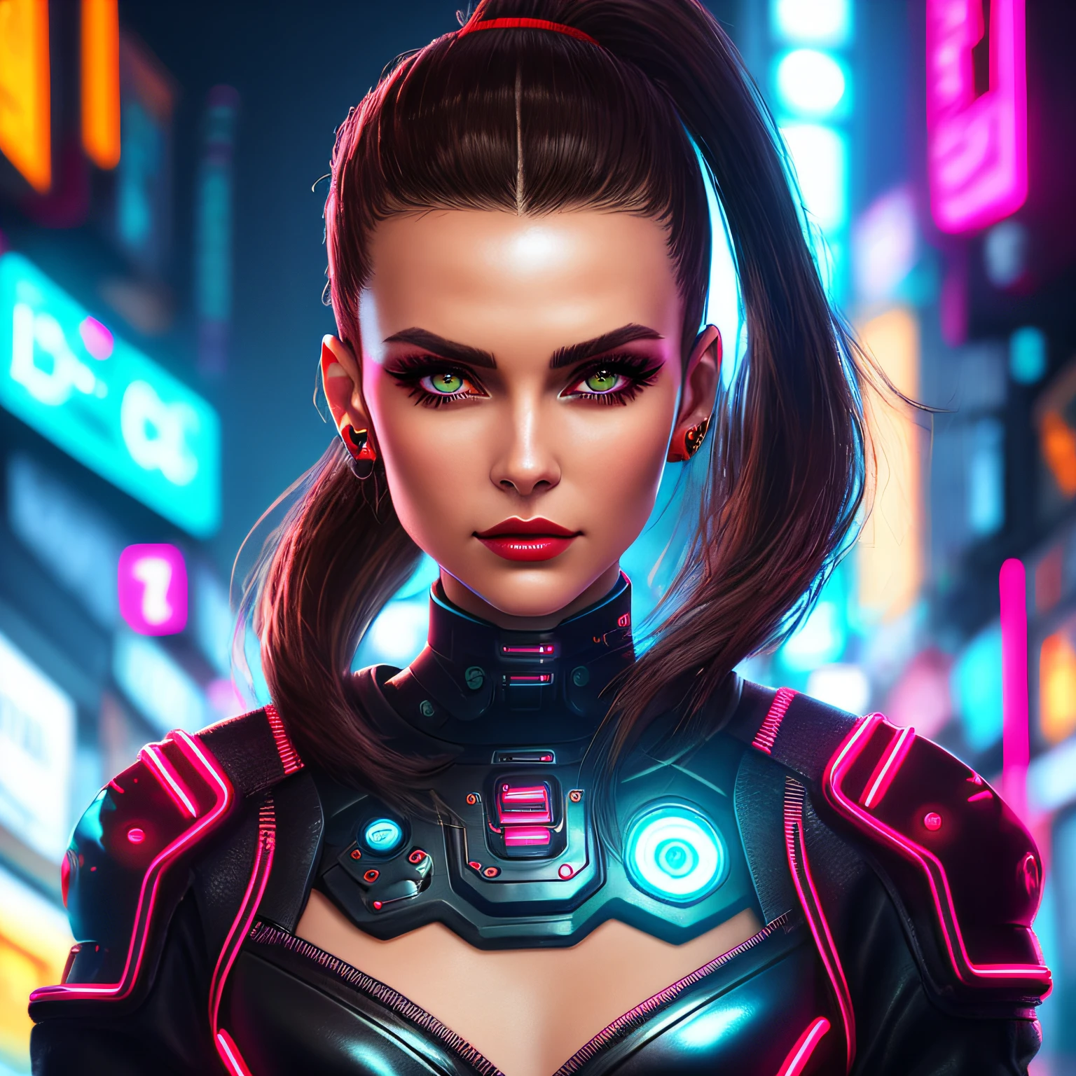 midshot of 1 stuningly beautiful brunette brown-eyed woman with one high ponytail, red glossy lips, neon lights, futuristic, cyborg implants, inspired by cyberpunk 2077, highly intricate image, detailed background, bold neon lights, backlights, dark ambient, 32k resolution, higher quality