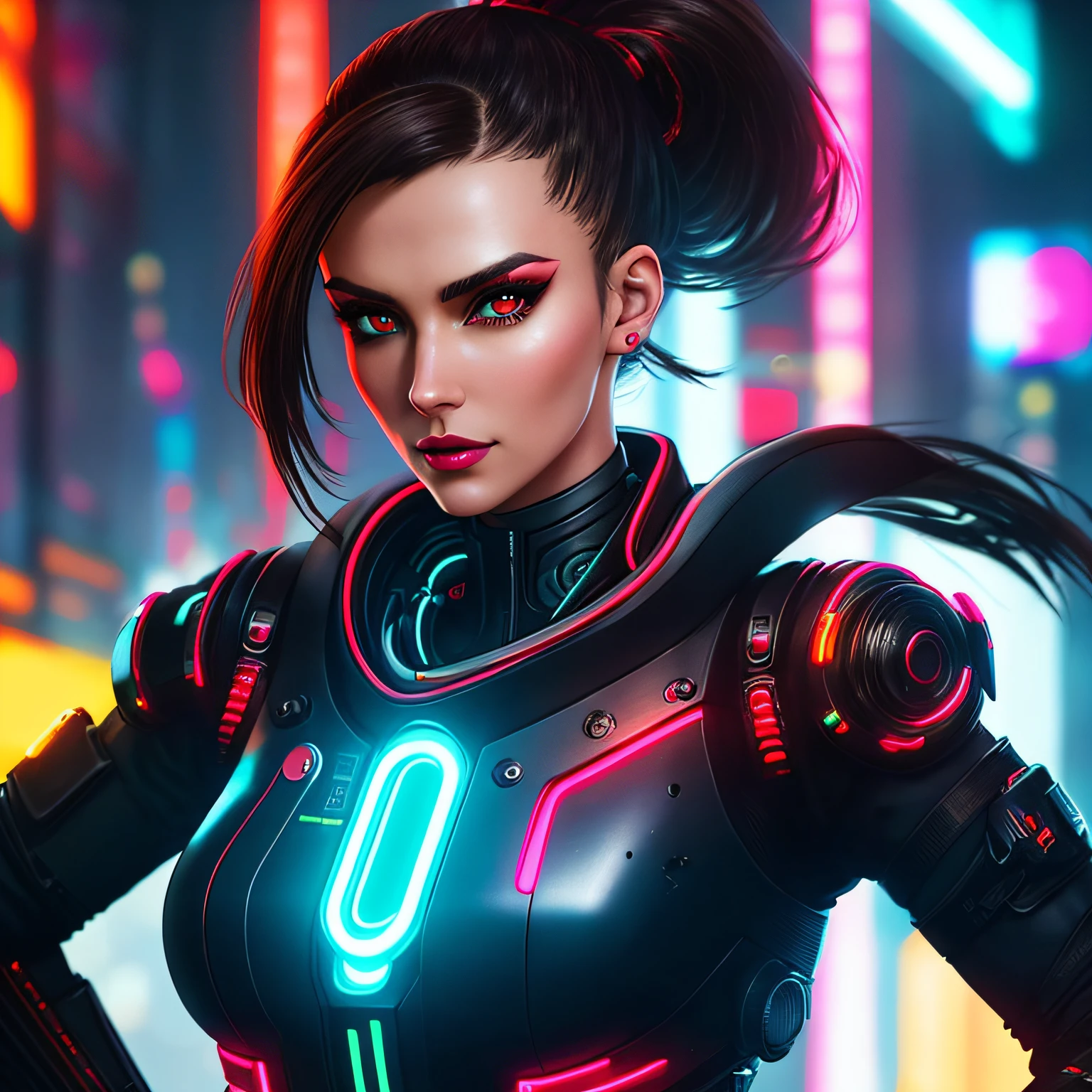 midshot of  1 stuningly beautiful brunette brown-eyed woman with one high ponytail, red glossy lips, neon lights, futuristic, cyborg implants, inspired by cyberpunk 2077, highly intricate image, detailed background, bold neon lights, backlights, dark ambient, 32k resolution, higher quality
