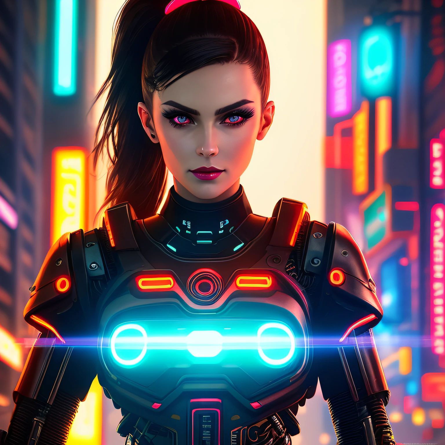 midshot of  1 stuningly beautiful brunette brown-eyed woman with one high ponytail, red glossy lips, neon lights, futuristic, cyborg implants, inspired by cyberpunk 2077, highly intricate image, detailed background, bold neon lights, backlights, dark ambient, 32k resolution, higher quality