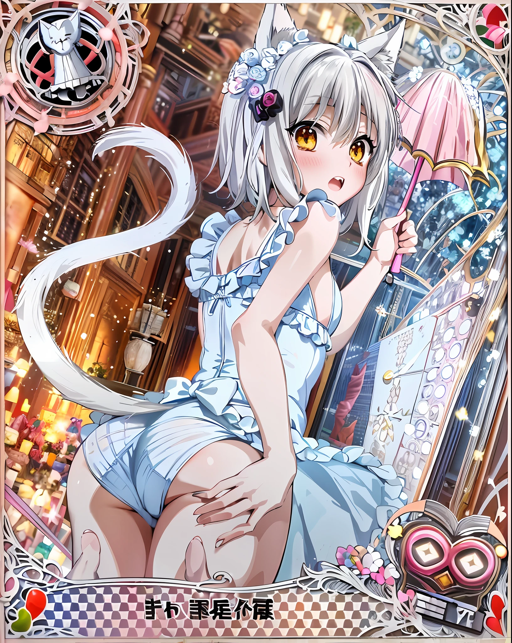anime girl in a blue dress with a cat tail and a pink umbrella, nyaruko-san, anime cat girl in a maid costume, white cat girl, in dress, anime barbie in white stockings, portrait of magical girl, neferpitou, official artwork, rin, official art, lolishikamimi, official character art