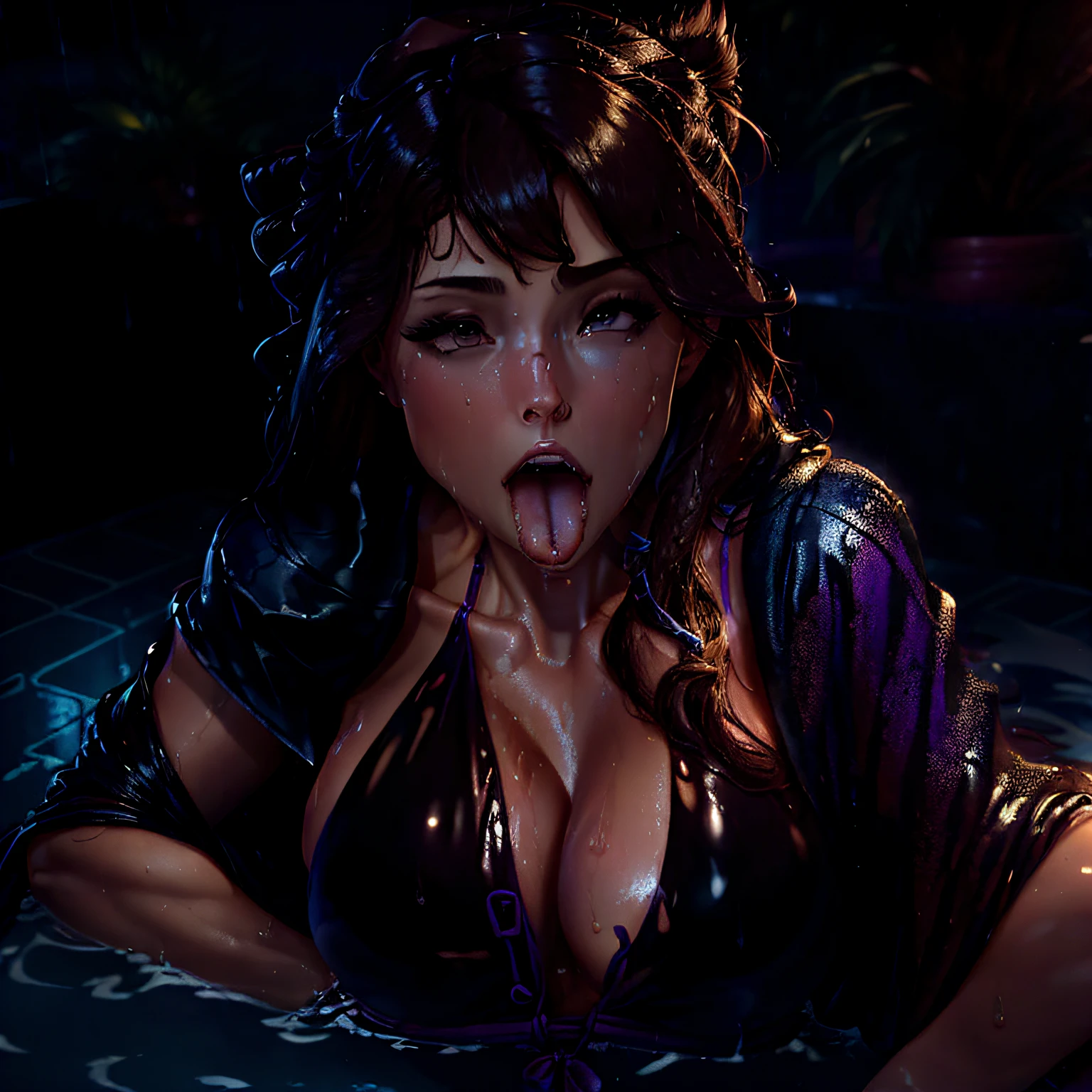 (Best quality, 4k, Masterpiece :1.3), pretty woman, hyper realistic, 1girl, (massive breasts, attractive body :1.2), abs :1.1, dark brown hair: 1.1, (rainy wet, wet from rain, wet body :1.2), ultra-detailed face, detailed lips, detailed eyes, double eyelid, sultry low neck gown, open cleavage, hanging breasts, side pose, visible curves, pool party, laying pool side, laying with friend, transparent robe --auto --s2