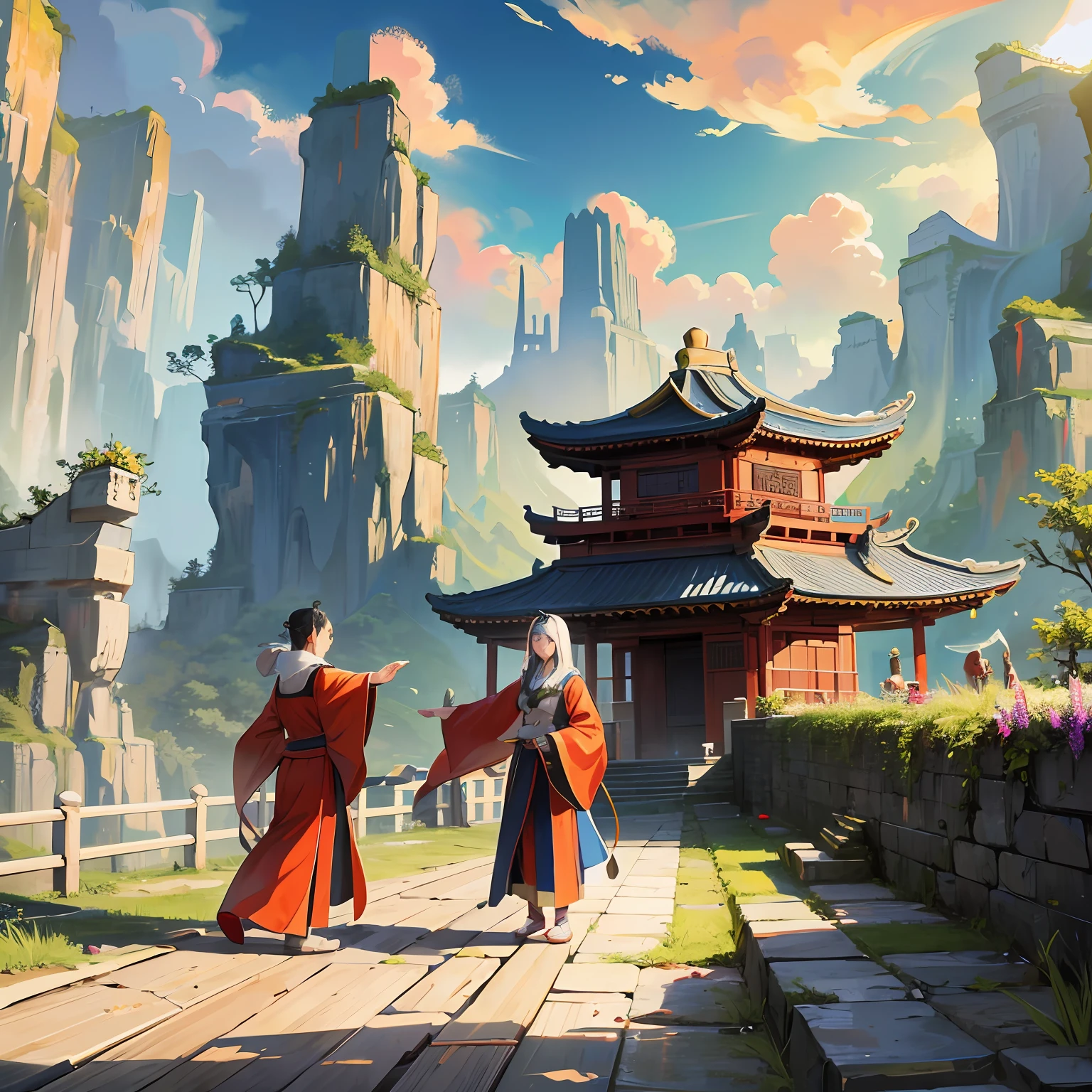 Ancient China, sect, mountain gate, two disciples holding each other's fists and saluting, magnificent hall in the distance, many disciples in the background, long perspective, panorama, 8k, photos, high resolution, --auto --s2