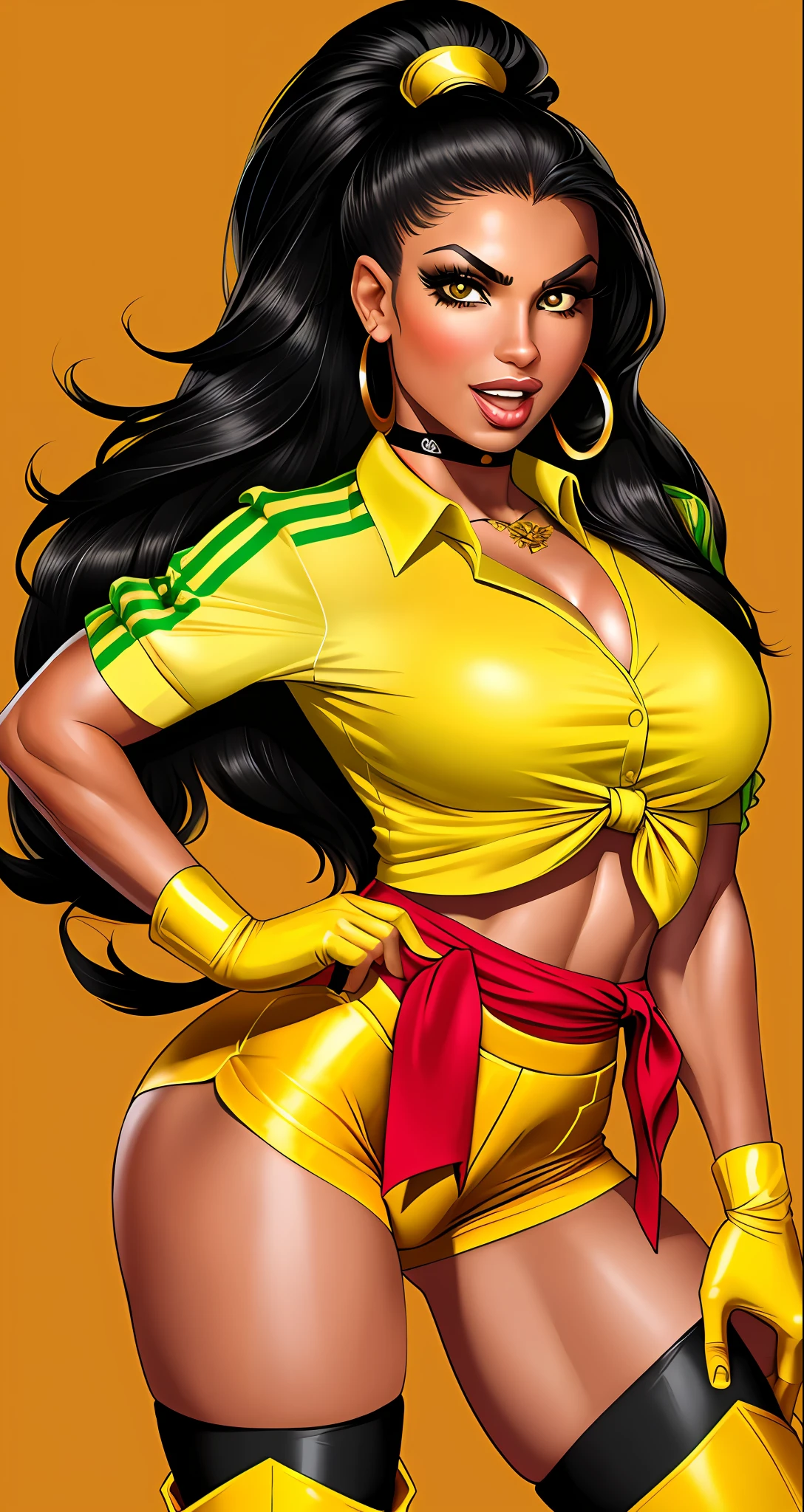 Isabella "Furia Brasileira" Santos is a stunning woman with long, black hair, expressive brown eyes, and radiant brown skin. She wears a vibrant and unique outfit, with a tight red blouse with green and yellow accents, short black shorts, red combat boots, black combat gloves with gold accents, and a yellow and green sash tied in her hair.