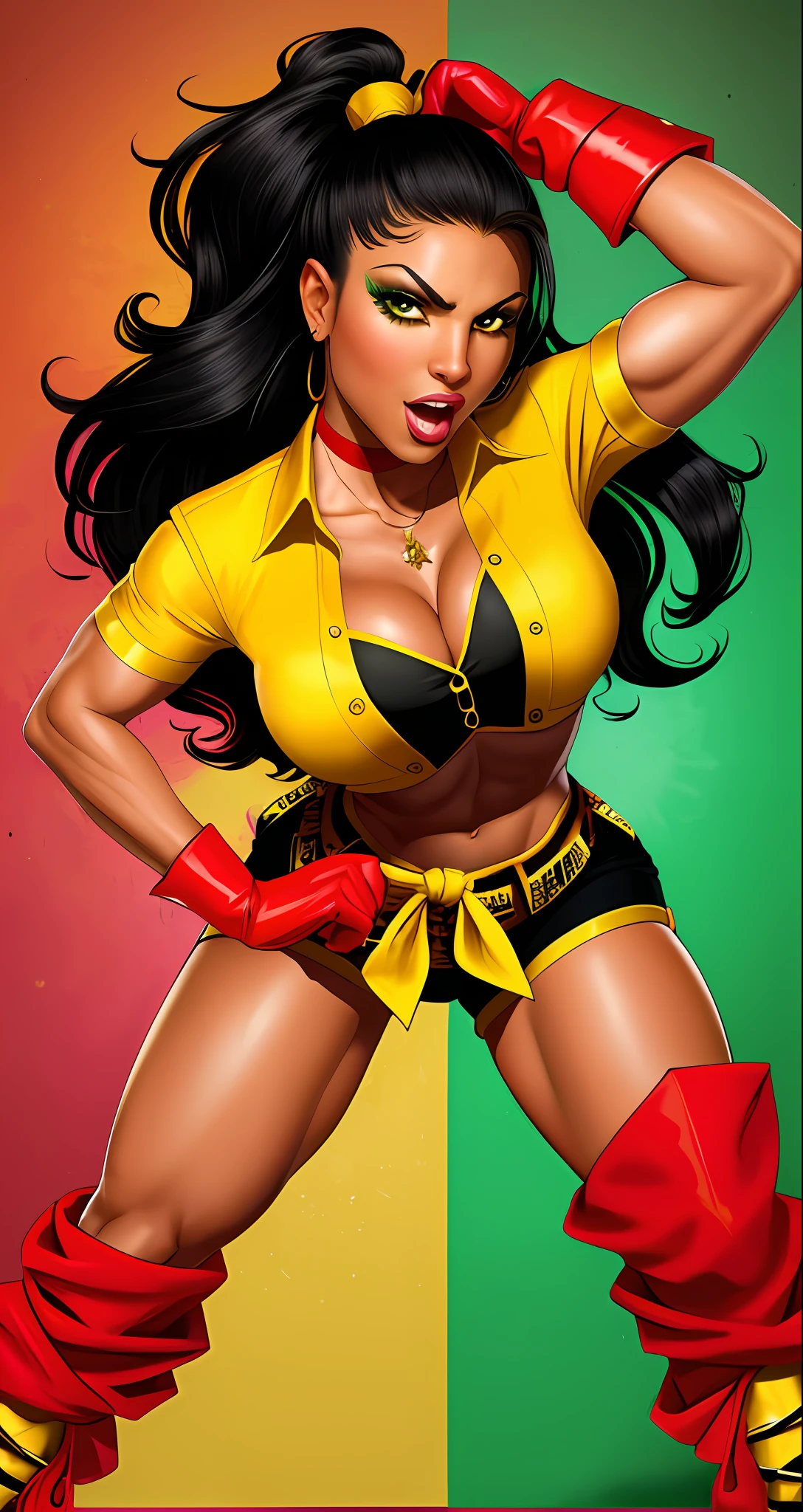 Isabella "Furia Brasileira" Santos is a stunning woman with long, black hair, expressive brown eyes, and radiant brown skin. She wears a vibrant and unique outfit, with a tight red blouse with green and yellow accents, short black shorts, red combat boots, black combat gloves with gold accents, and a yellow and green sash tied in her hair.