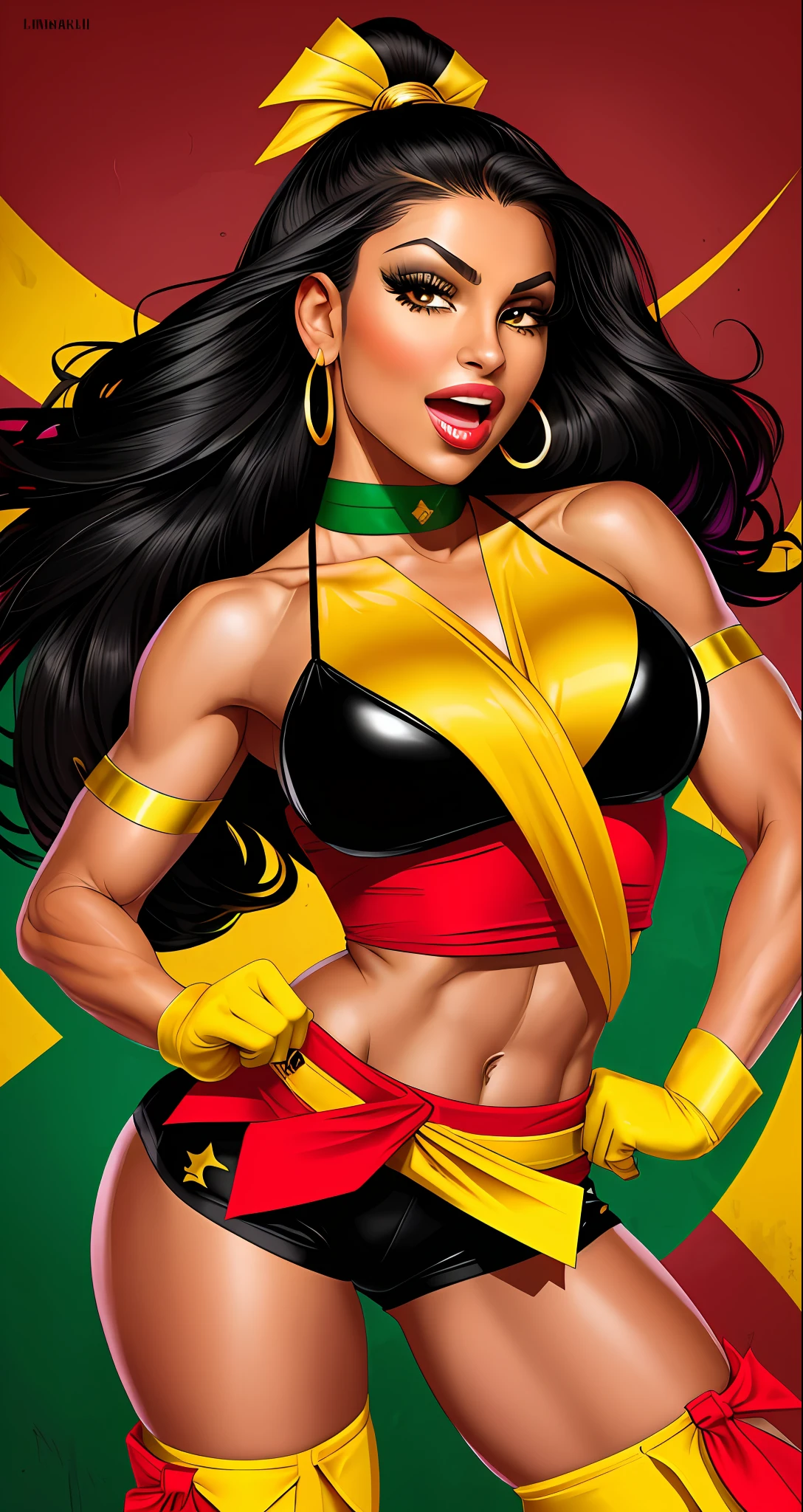 Isabella "Furia Brasileira" Santos is a stunning woman with long, black hair, expressive brown eyes, and radiant brown skin. She wears a vibrant and unique outfit, with a tight red blouse with green and yellow accents, short black shorts, red combat boots, black combat gloves with gold accents, and a yellow and green sash tied in her hair.