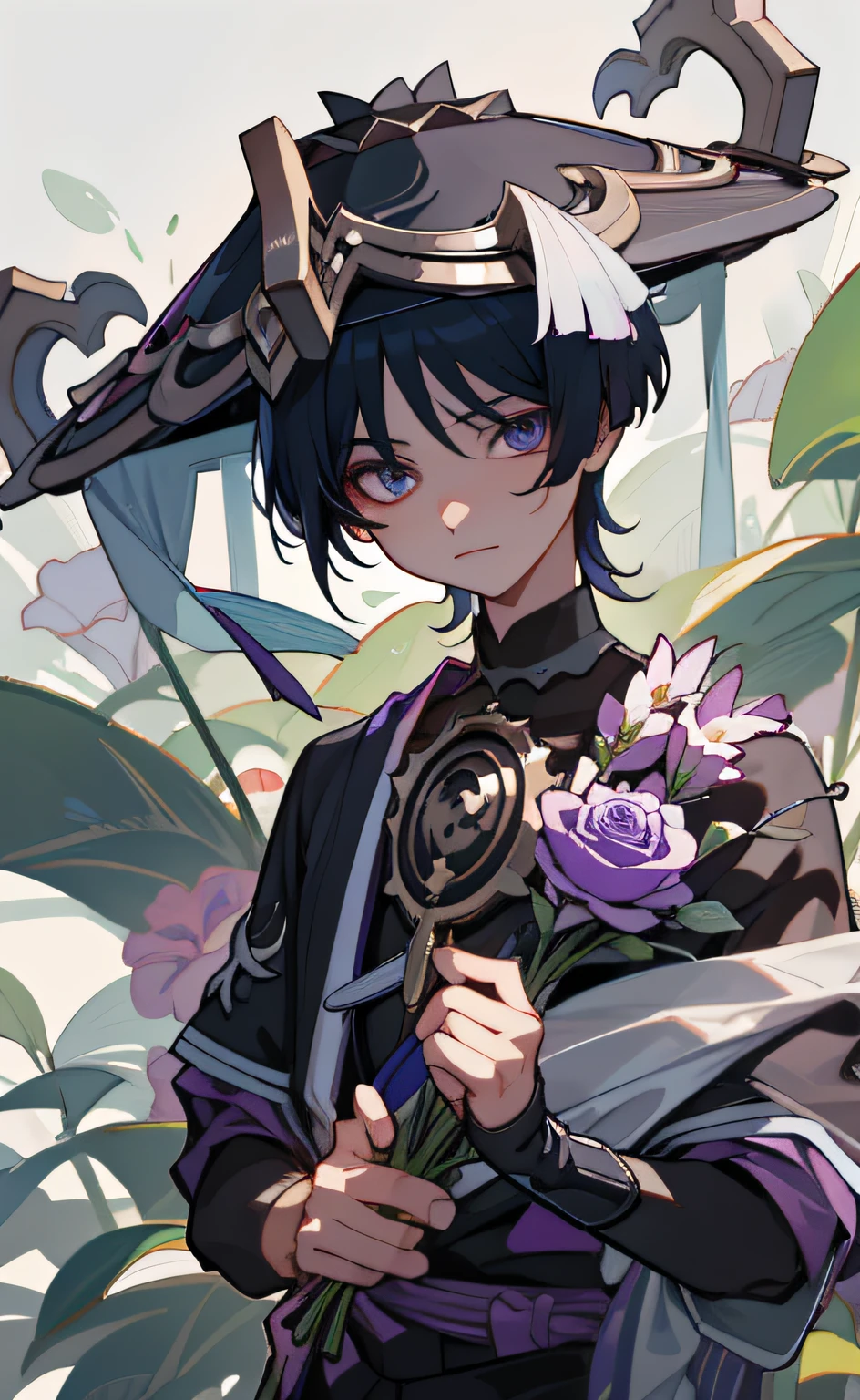 (masterpiece), (best quality), (ultra detailed), Scaramouche(Wanderer), front looking, looking at viewer, upper body, flowers, rose lily