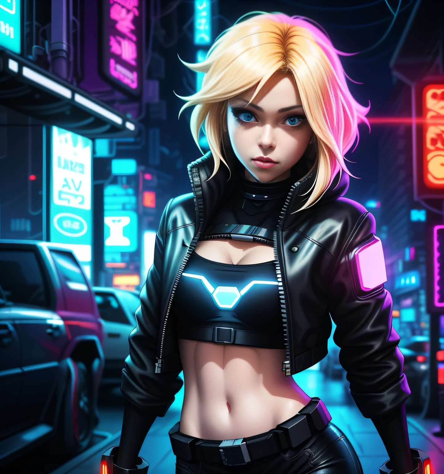 Full body anime girl with blonde hair and blue eyes and used black pants and black boots in a city, glowwave girl portrait, digital cyberpunk anime art, digital cyberpunk - anime art, dreamy cyberpunk girl, bright cyberpunk glow, cyberpunk art style, stunning digital illustration, cyberpunk girl portrait, detailed 4k digital art,  digital digital art, anime style digital art, highly detailed 4k digital art, digital digital art style, (full body)