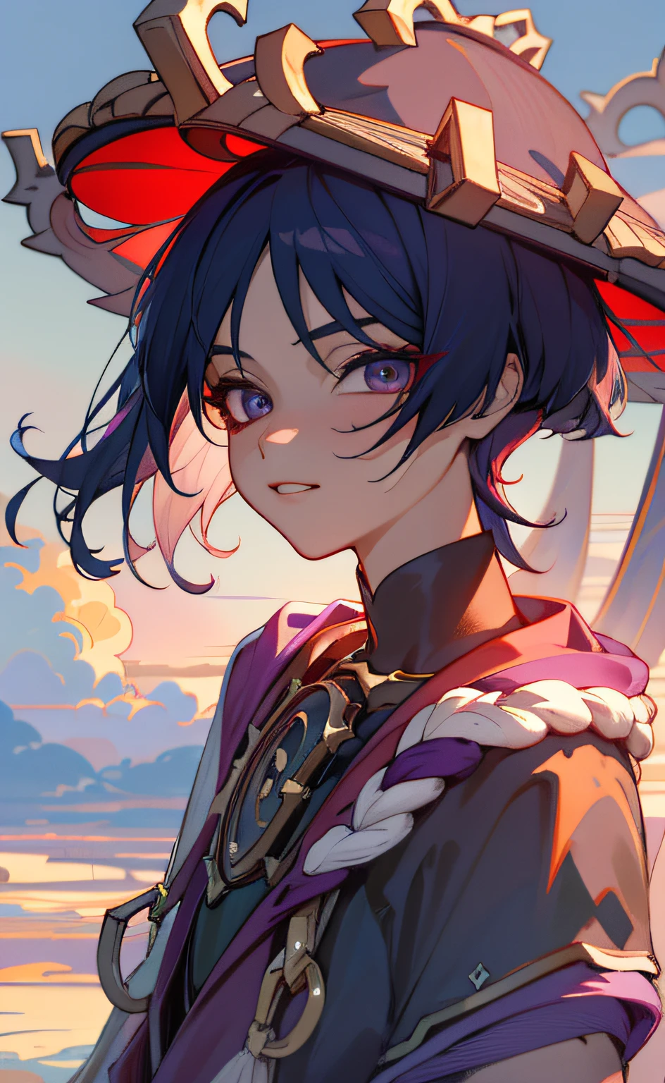 (masterpiece), (best quality), (ultra detailed), Scaramouche(Wanderer), front looking, looking at viewer, upper body, flowing colors, cloudy sky, cherry, cherry fruit, cherry juice