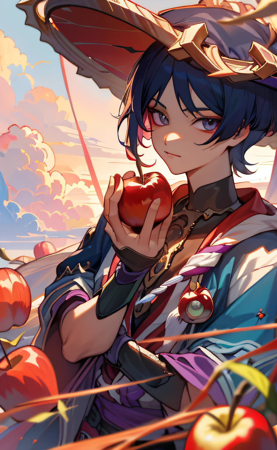 (masterpiece), (best quality), (ultra detailed), Scaramouche(Wanderer), front looking, looking at viewer, upper body, flowing colors, cloudy sky, apple, apple, apple fruit, cherry, cherry fruit
