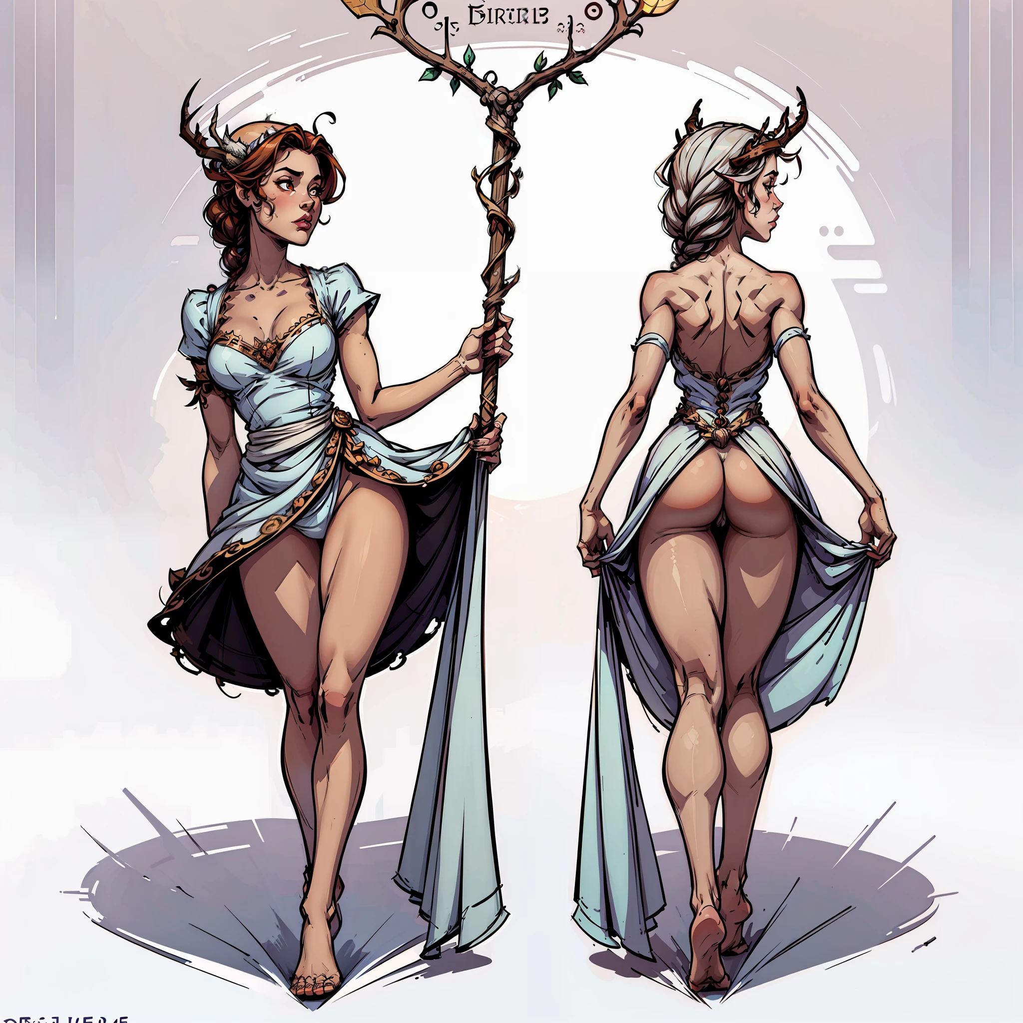 ((masterpiece)),(((best quality))),(((character design sheet,same character,front, side, back)),illustration, full body art with feet visible of a druid girl with deer horns in a cute dress, intricate detailes, cute pose, standing on one leg, flat white background, holding staff with two hands behind her back