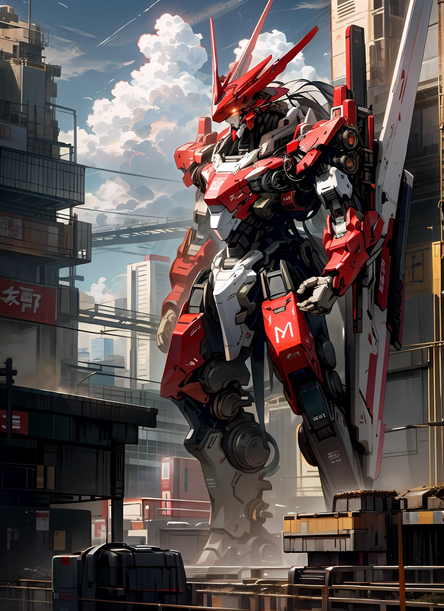 sky, cloud, holding weapon, no humans, glowing, red robot, building, red mecha, science fiction, city, realistic, red mecha