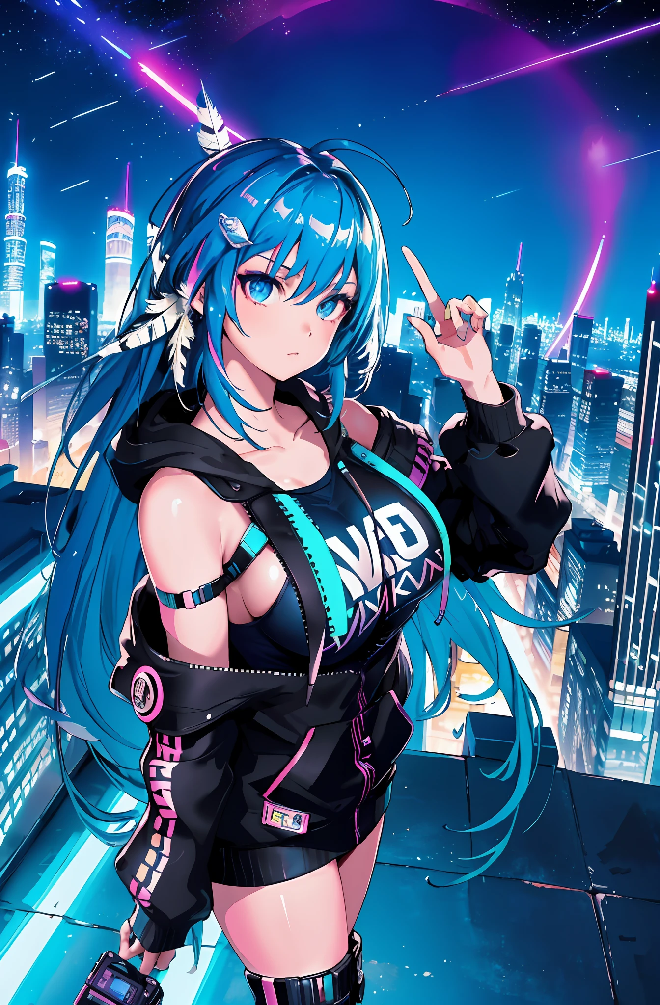 (masterpiece), best quality, ultra high res, girl, cyberpunk 1girl flying above stunning cityscape, hoodie, blue hair, neon color shooting stars, very long hair, off shoulder, feather hair ornament, neon colors, flashes, stunning night sky, cinematic lighting, photorealistic, realistic skin, HDR, fisheye, big boobs, mega detailed eyes