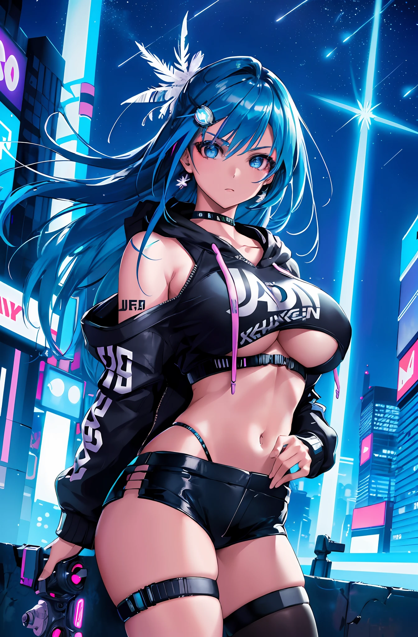 (masterpiece), best quality, ultra high res, girl, cyberpunk 1girl flying above stunning cityscape, hoodie, blue hair, neon color shooting stars, very long hair, off shoulder, feather hair ornament, neon colors, flashes, stunning night sky, cinematic lighting, photorealistic, realistic skin, HDR, fisheye, big boobs, mega detailed eyes