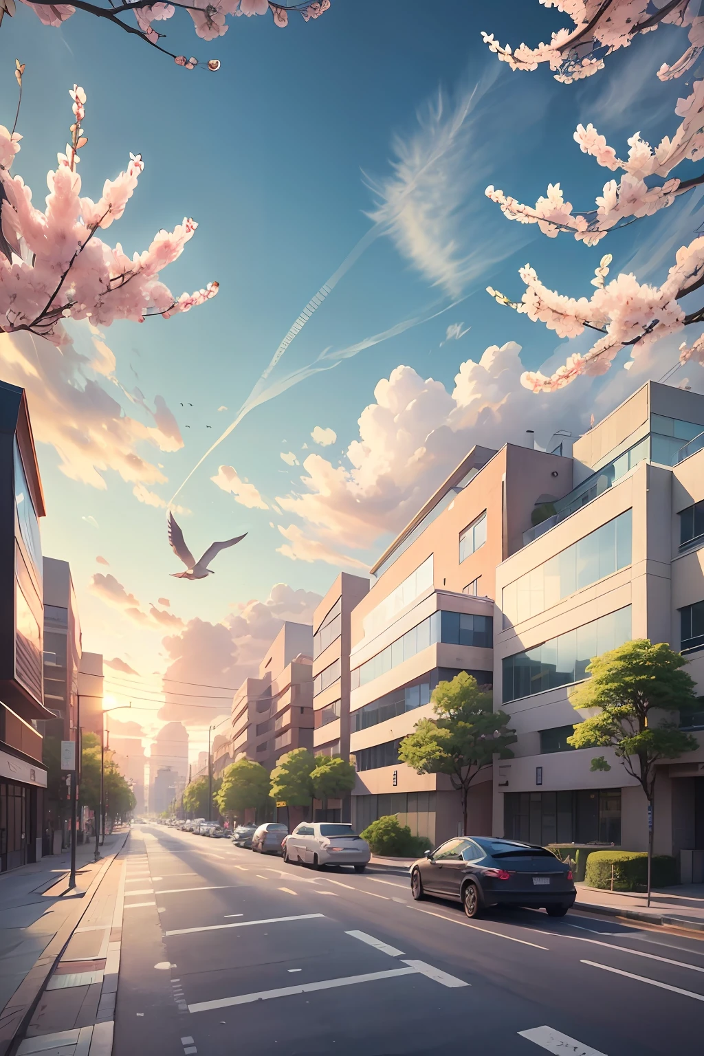 masterpiece, best quality, a city landscape with some sakura trees on the side near a highschool building, there is a light traffic on the street, some birds in the sky, wide view, anime screenshot, anime style drawing, sky visible --auto --s2