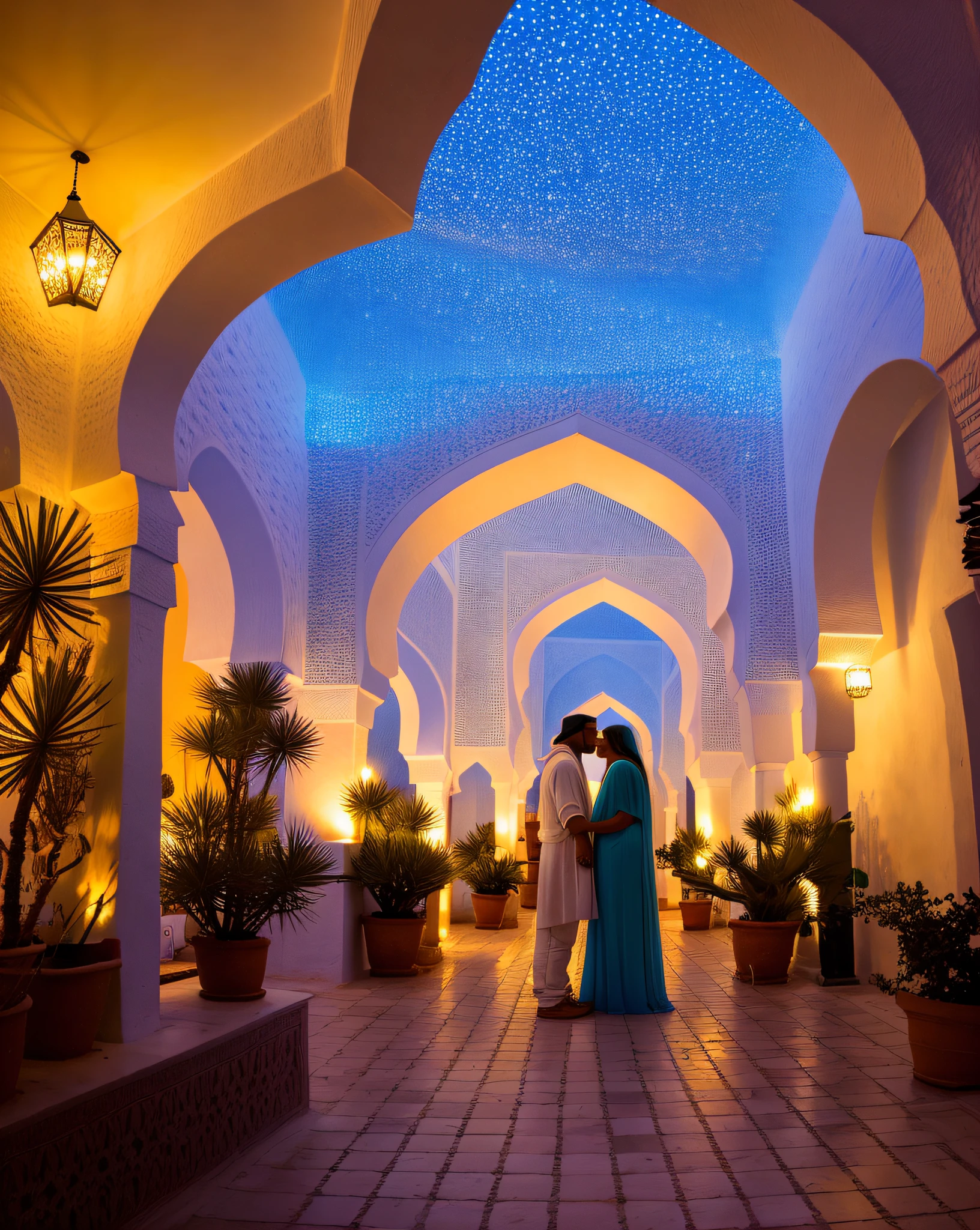 ((((Ouarzazate)))), ((((chefchaouen)))), ((walking from behind)), (((laying together))), ((((man and woman holding hands)))), photo of alluring Abigail beautiful, (woman and man together), sparkling splashing rainbows, curvy, dimples, (((clear straight even bright eyes))), (((super long hair))) (((viking braids))), flowing, glistening, iridescent sheer dress (hooded kaftan abaya), (riad fountain), glimmering, crystal jewels, shimmering, glowing flowers, (floating flowers), (masterpiece) (best quality) (detailed) (8k) (HDR) (wallpaper) (cinematic lighting) (sharp focus) (intricate) opalescent, Photoluminescence, treasure, mystical, fantasy, exotic lights, gems, (Moroccan candles), sunrays, ((desert oasis)), Ouzoud waterfalls, Tastir, arabesque, safi, (sanddunes), sand, palm trees, opalescent, Photoluminescence lights, (gems growing), glowing desert flowers, fantasy, clear, Cinematic RAW photo, hyper real photo, ultrarealistic, 8k uhd, dslr, soft lighting, high quality, film grain, Fujifilm XT3, photographed on a Kodak Retina II Sanyo Xacti VPC-CA6, 50mm lens, Wide Angle, HDR, hyper-realistic, colorgraded, volumetric lighting, [volumetric fog, moist], shallow depth of field, reflections, photo, (sparkling) splashing rainbows, glistening, (iridescent), glowing, glimmering, crystals, ((secret treasure in it)), mystical, enchanting, glittering, (Moroccan man), mist, wish, (longing) (together with man love), ((true love)), (((husband and wife))), romantic, (((man and woman couple))), (riad bed), (((male and female relationship only))) ((heterosexual)) (with man) twinflame, soulmates, ((male and female)), handsome moroccan man romantic with woman