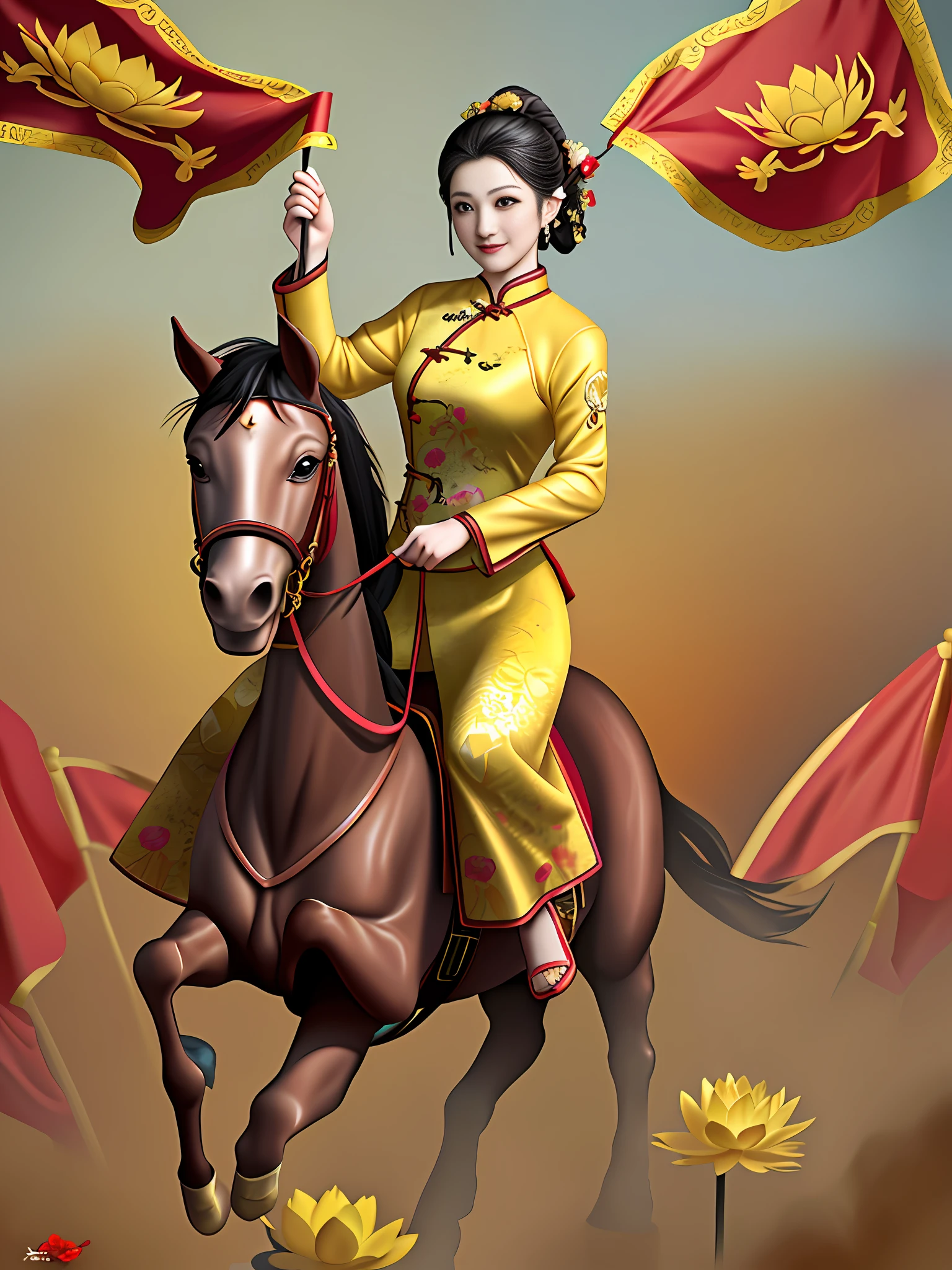 An exaggerated surrealist painting, a middle-aged woman in golden yellow ((traditional cheongsam)) riding on a red war horse waving the flag, many lotus flowers on the ground, gushing red wine, warm atmosphere, high quality, 8k