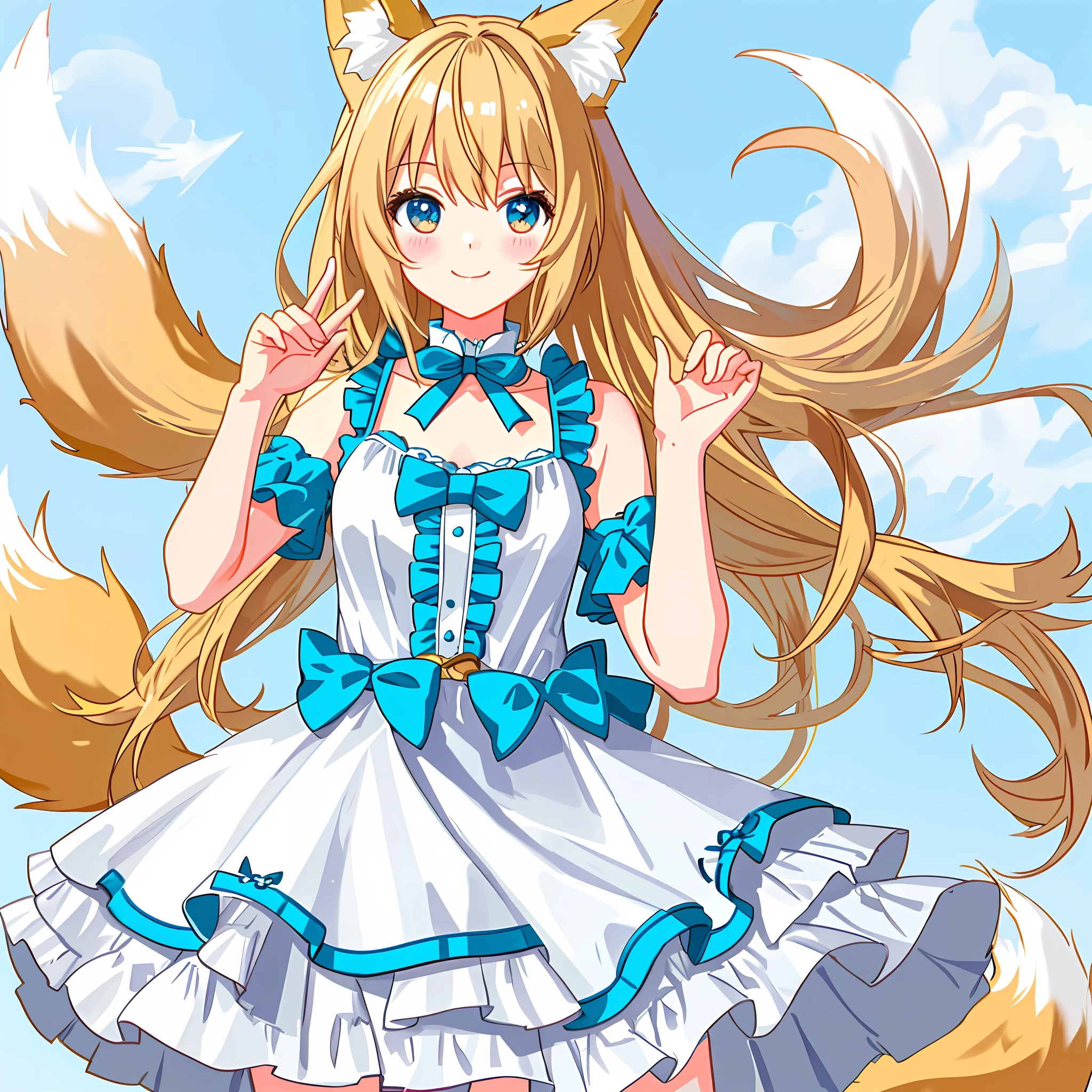 Very detailed anime girl with cute clothes and with fox ears, doing a cute pose