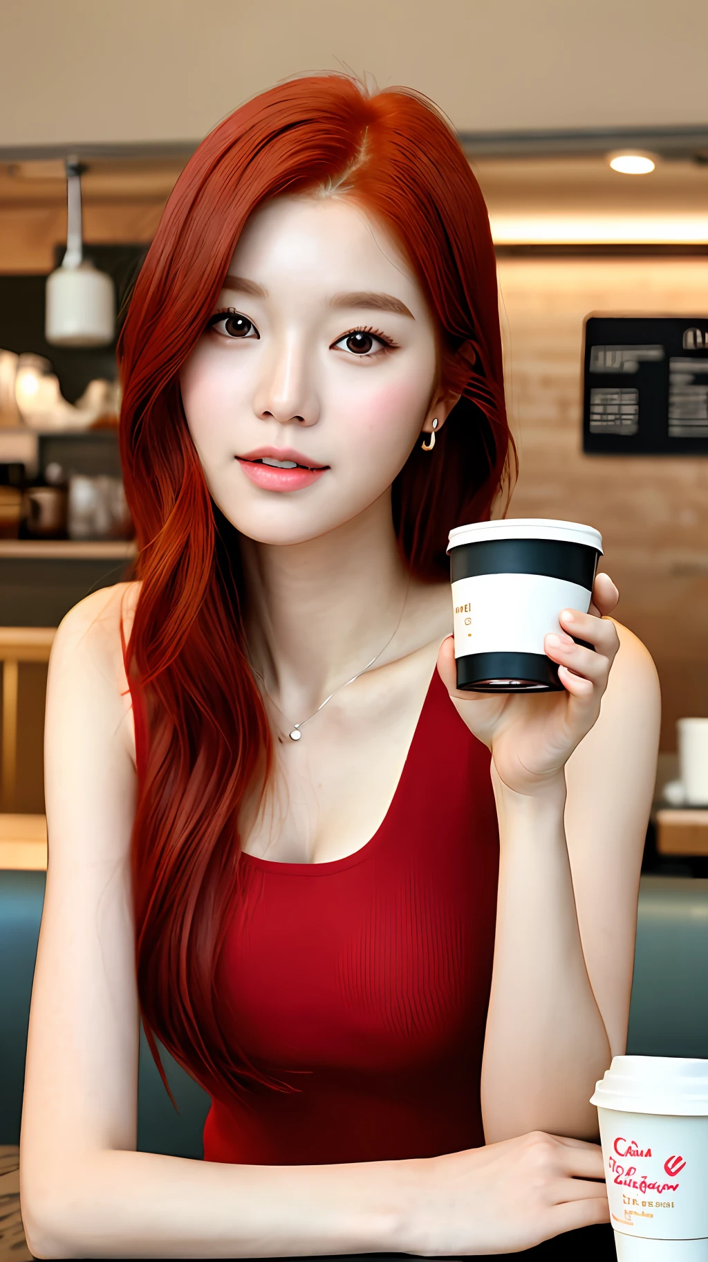 realistic photos of (1 cute Korean star) medium red hair, thin makeup, medium breasts size, sleeveless top, hold coffee cup in hand, sitting in the cafe, facial features of Canon EOS, 8K high resolution, sharp and realistic details.