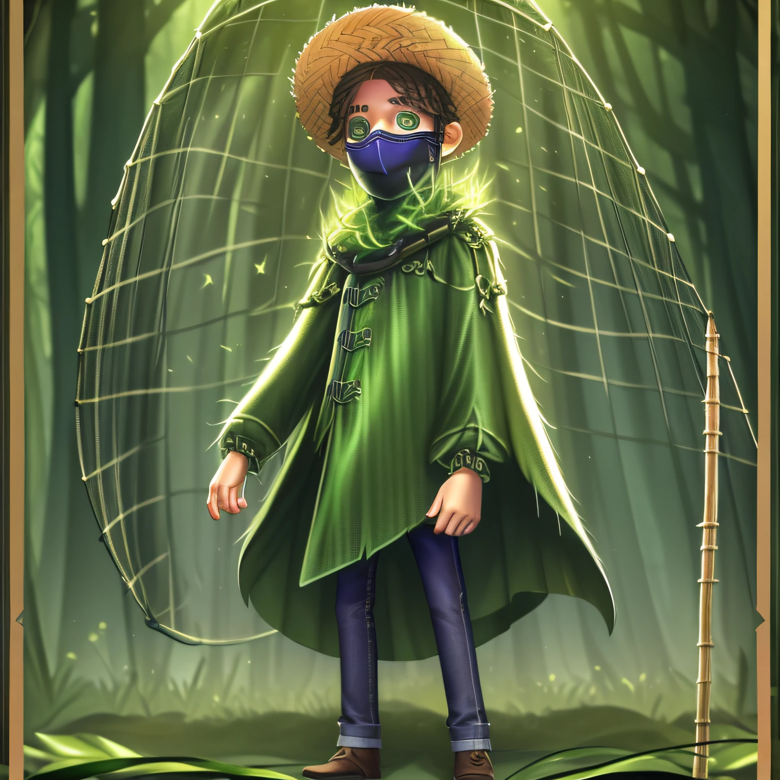 Masterpiece, high quality, young boy, covering his face with protective clothing, holding a bug net, dark green coat, small straw hat, facing forward, looking at camera, full body, center of the screen