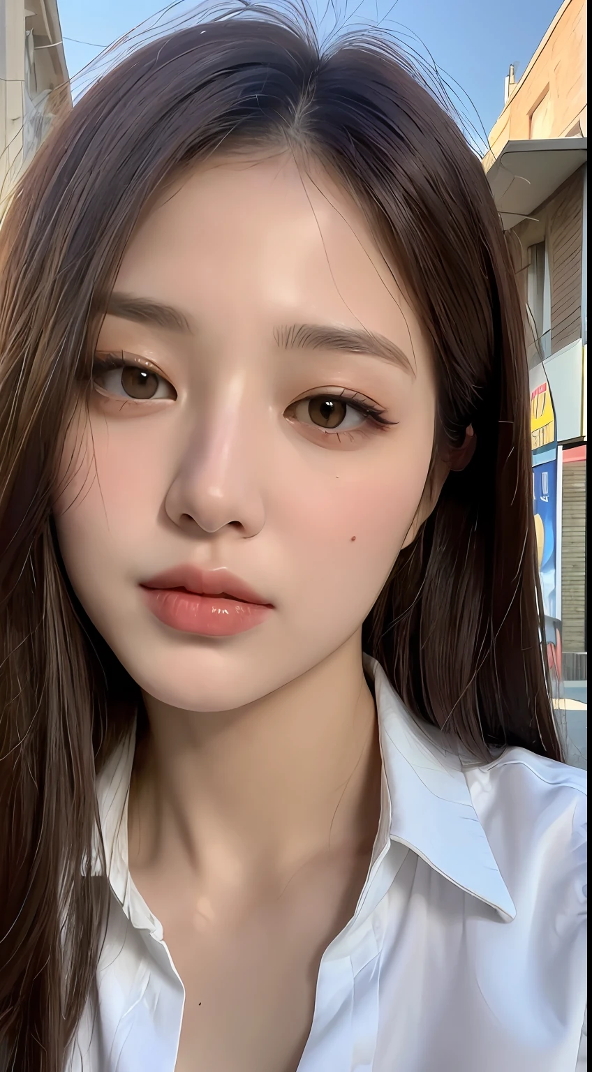 ((Best quality, 8k, Masterpiece :1.3)), Sharp focus :1.2, A pretty woman with perfect figure :1.4, Slender abs :1.2, ((Dark brown hair, Big breasts :1.2)), (White button up long shirt :1.1), City street:1.2, Highly detailed face and skin texture, Detailed eyes, Double eyelid