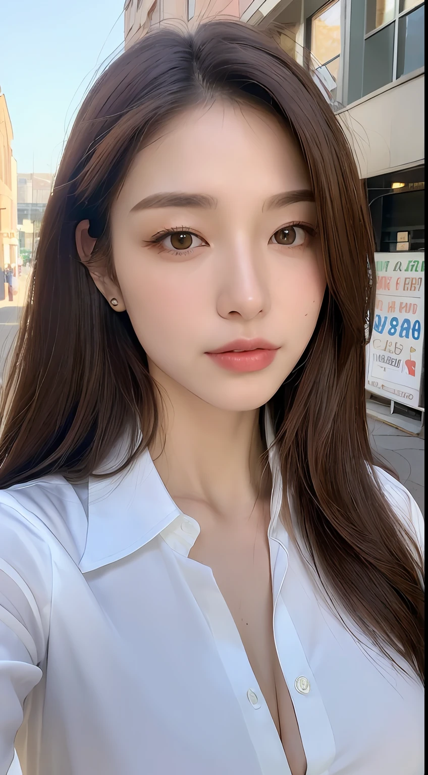 ((Best quality, 8k, Masterpiece :1.3)), Sharp focus :1.2, A pretty woman with perfect figure :1.4, Slender abs :1.2, ((Dark brown hair, Big breasts :1.2)), (White button up long shirt :1.1), City street:1.2, Highly detailed face and skin texture, Detailed eyes, Double eyelid