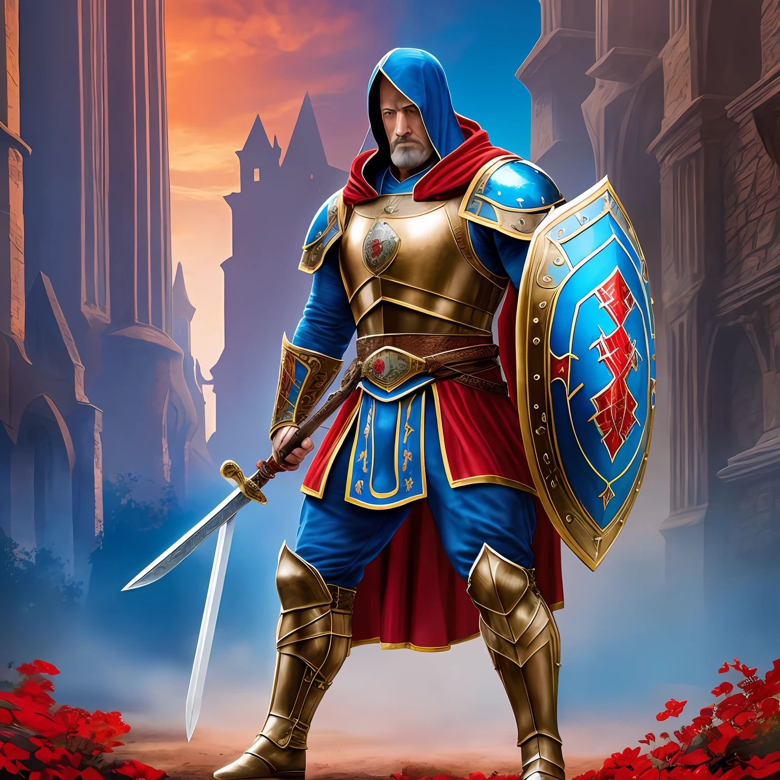color photo of a realistic medieval Super-Homem" , with a muscular build and realistic armor, holding a sword and shield, standing in a grandiose medieval landscape, with blue and red colors incorporated in his design, creating an homage to the classic character while giving him a medieval twist —c 10 —ar 2:3 --auto --s2