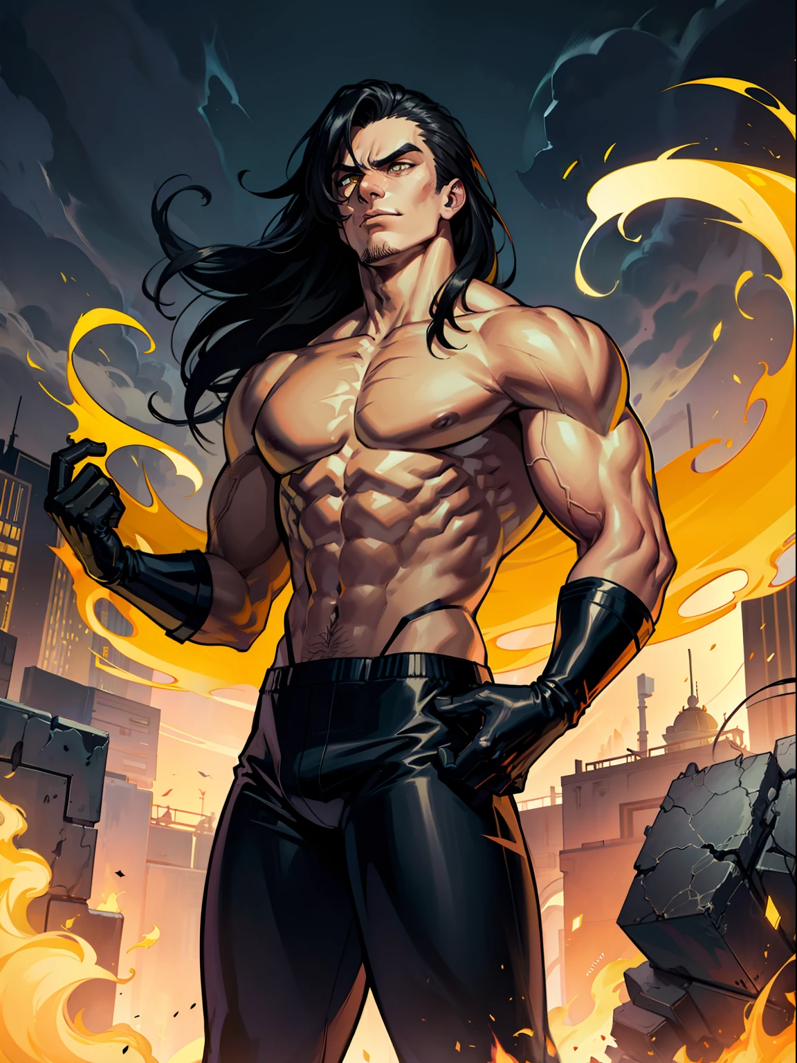 Villainous man, shirtless and with super detailed black pants, black gloves, power in the right hand, black All Star Converse sneakers, long hair yellow color, power of destruction in your control, ruined scenery with smoke and fires