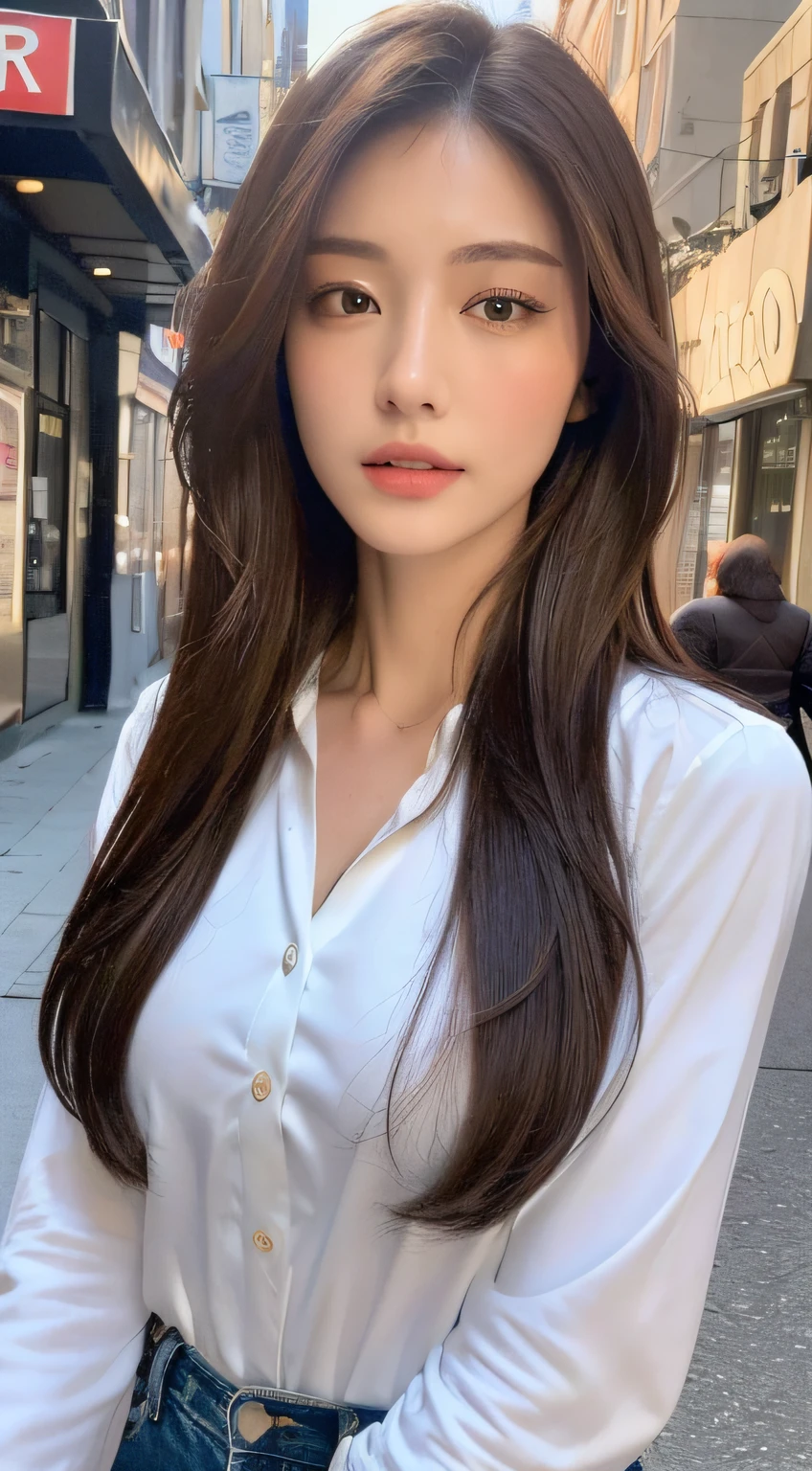 ((Best quality, 8k, Masterpiece :1.3)), Sharp focus :1.2, A pretty woman with perfect figure :1.4, Slender abs :1.2, ((Dark brown hair, Big breasts :1.2)), (White button up long shirt :1.1), City street:1.2, Highly detailed face and skin texture, Detailed eyes, Double eyelid