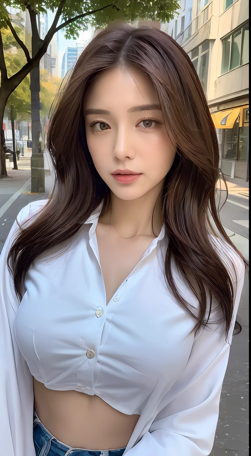 ((Best quality, 8k, Masterpiece :1.3)), Sharp focus :1.2, A pretty woman with perfect figure :1.4, Slender abs :1.2, ((Dark brown hair, Big breasts :1.2)), (White button up long shirt :1.1), City street:1.2, Highly detailed face and skin texture, Detailed eyes, Double eyelid