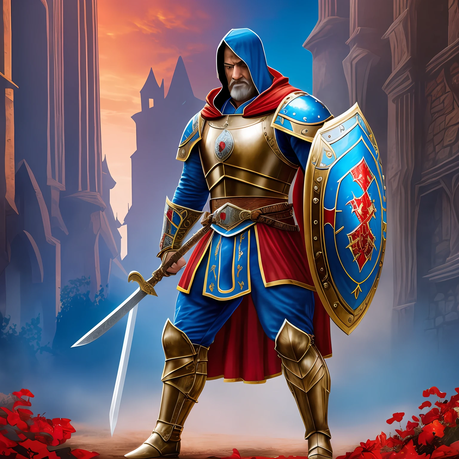 color photo of a realistic medieval Super-Homem" , with a muscular build and realistic armor, holding a sword and shield, standing in a grandiose medieval landscape, with blue and red colors incorporated in his design, creating an homage to the classic character while giving him a medieval twist —c 10 —ar 2:3 --auto --s2
