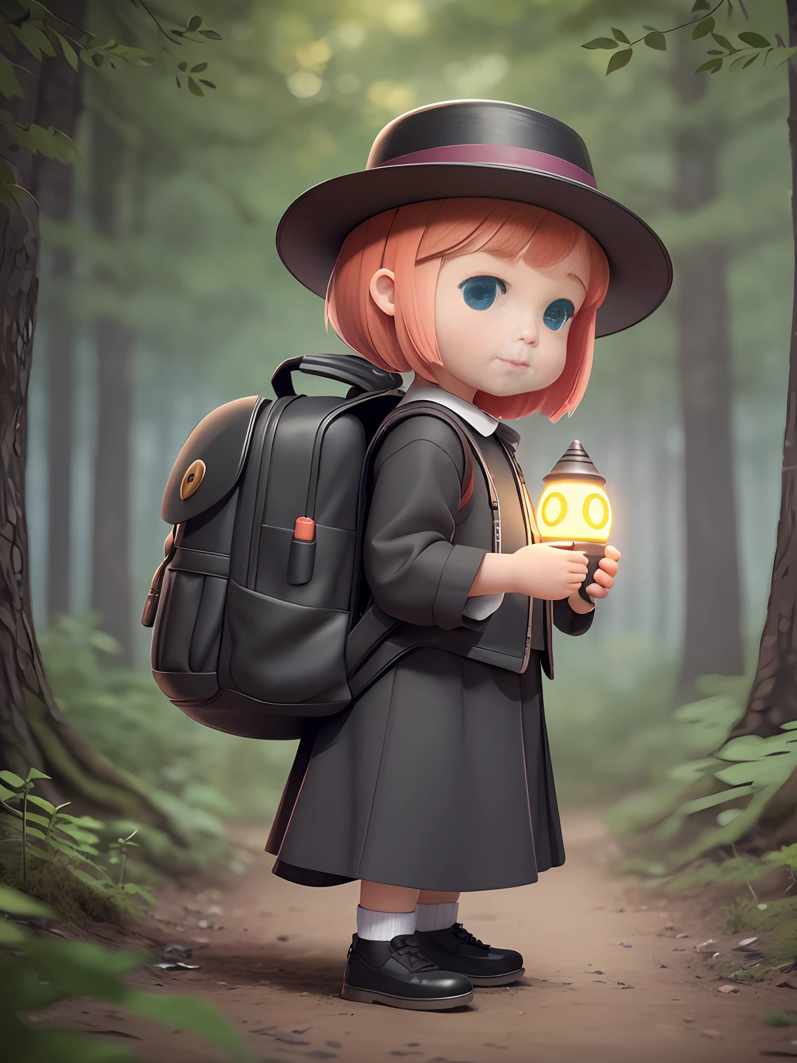 A cute girl in a little round hat explores the forest, she carries a small school bag, leads a small dog, at night, there are several fireflies, 3dart, C4D, octane rendering, ray tracing, popmart blind box, clay material, pux trend, animated lighting, depth of field, hyperdetail, 8k-ar 3:4-v 5-auto-s2