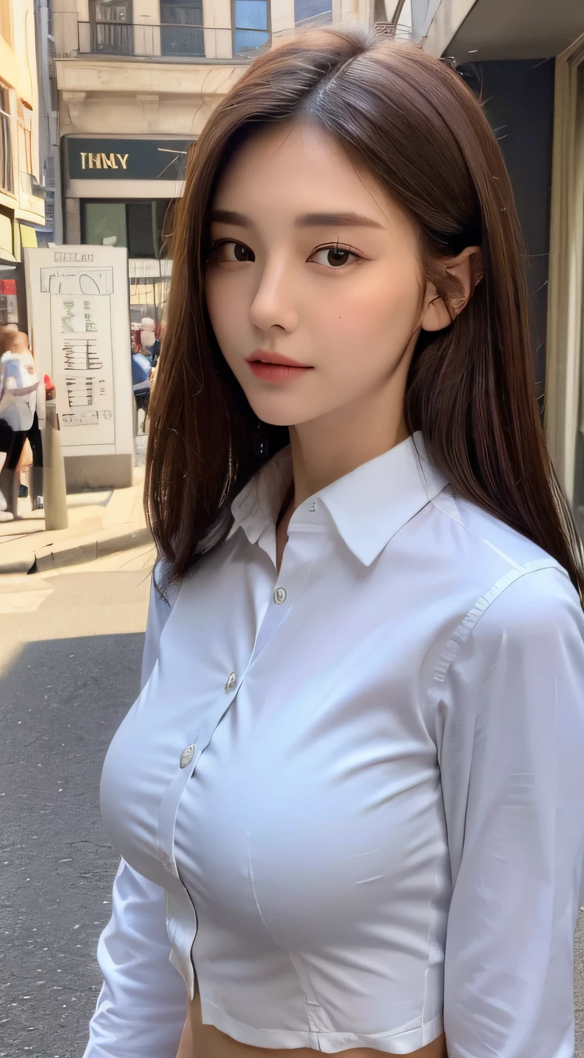 ((Best quality, 8k, Masterpiece :1.3)), Sharp focus :1.2, A pretty woman with perfect figure :1.4, Slender abs :1.2, ((Dark brown hair, Big breasts :1.2)), (White button up long shirt :1.1), City street:1.2, Highly detailed face and skin texture, Detailed eyes, Double eyelid