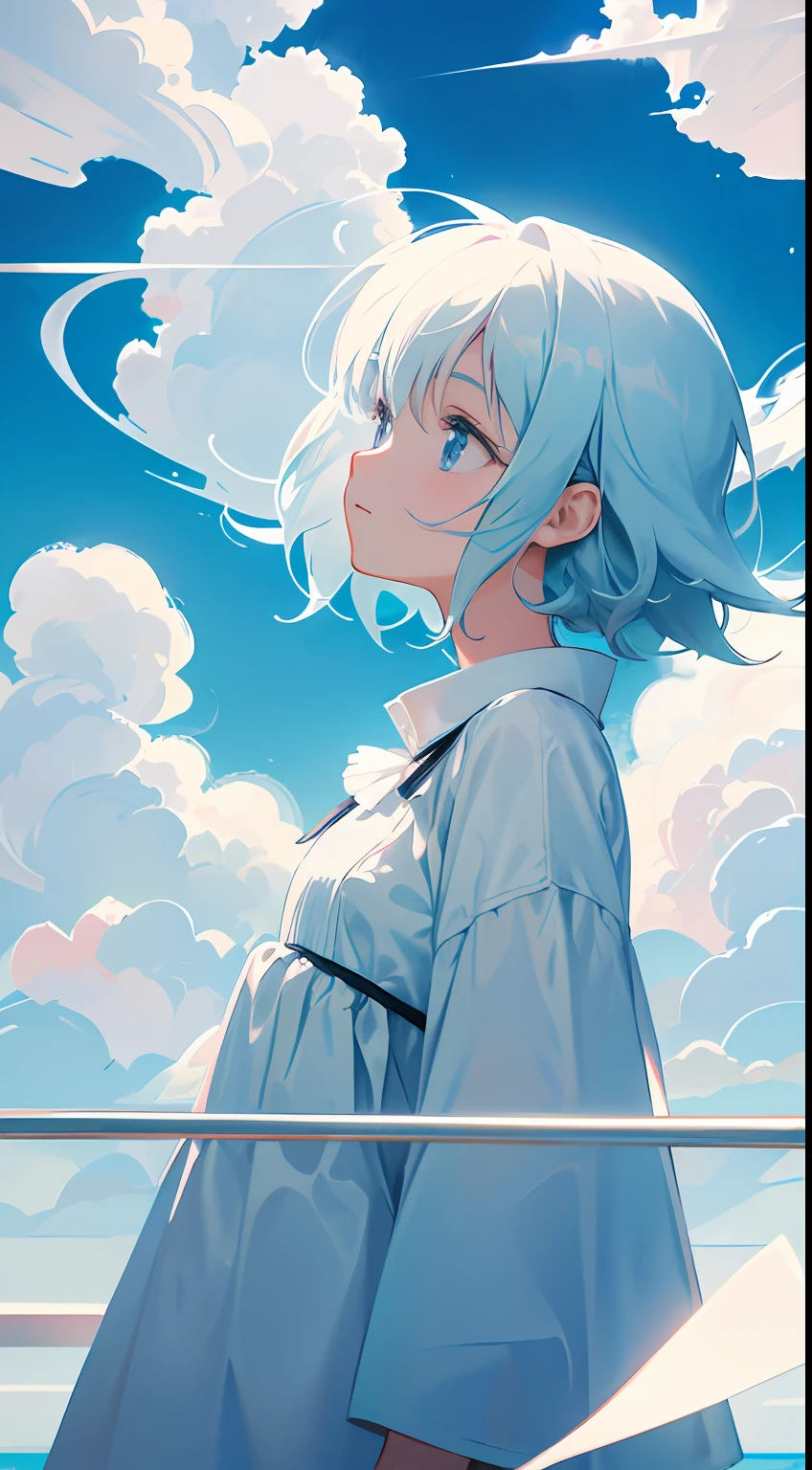 masterpiece, best quality, movie still, 1girl, floating in the sky, cloud girl, cloud, (close-up:1.1), bright, happy, fun, soft lighting, (Bauhaus, shapes, lines, abstract:1.1)