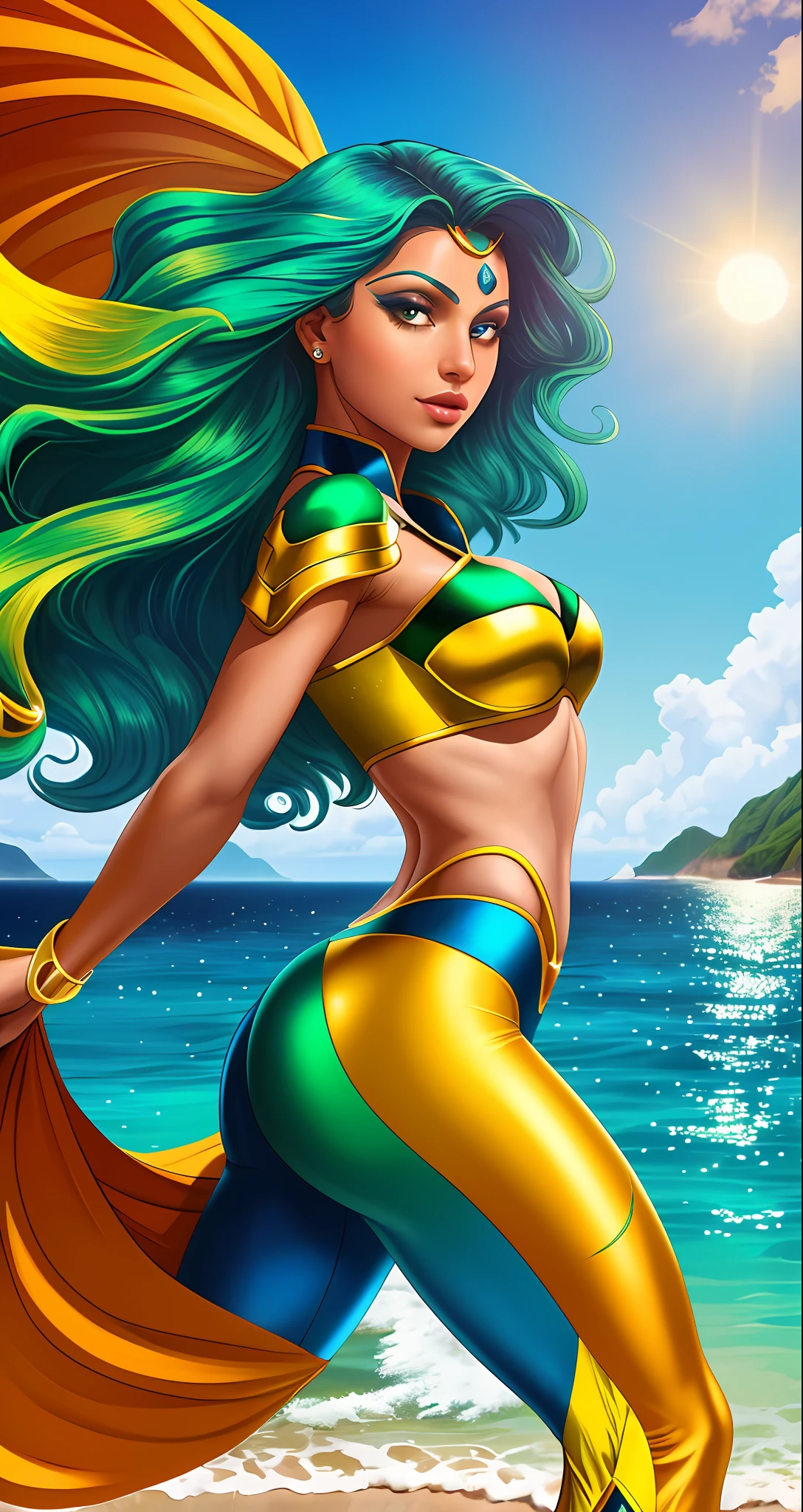 Aurora "Brasilis" is a Brazilian heroine with long, wavy hair in the color of the sun, in shades of gold and orange. Her eyes reflect the colors of the ocean, with shades of blue and green, and her skin has a tan tone. She wears a costume inspired by the colors of the Brazilian flag, combining green, yellow and blue. His costume is modern, practical and has details of leaves and flowers, referring to nature.
