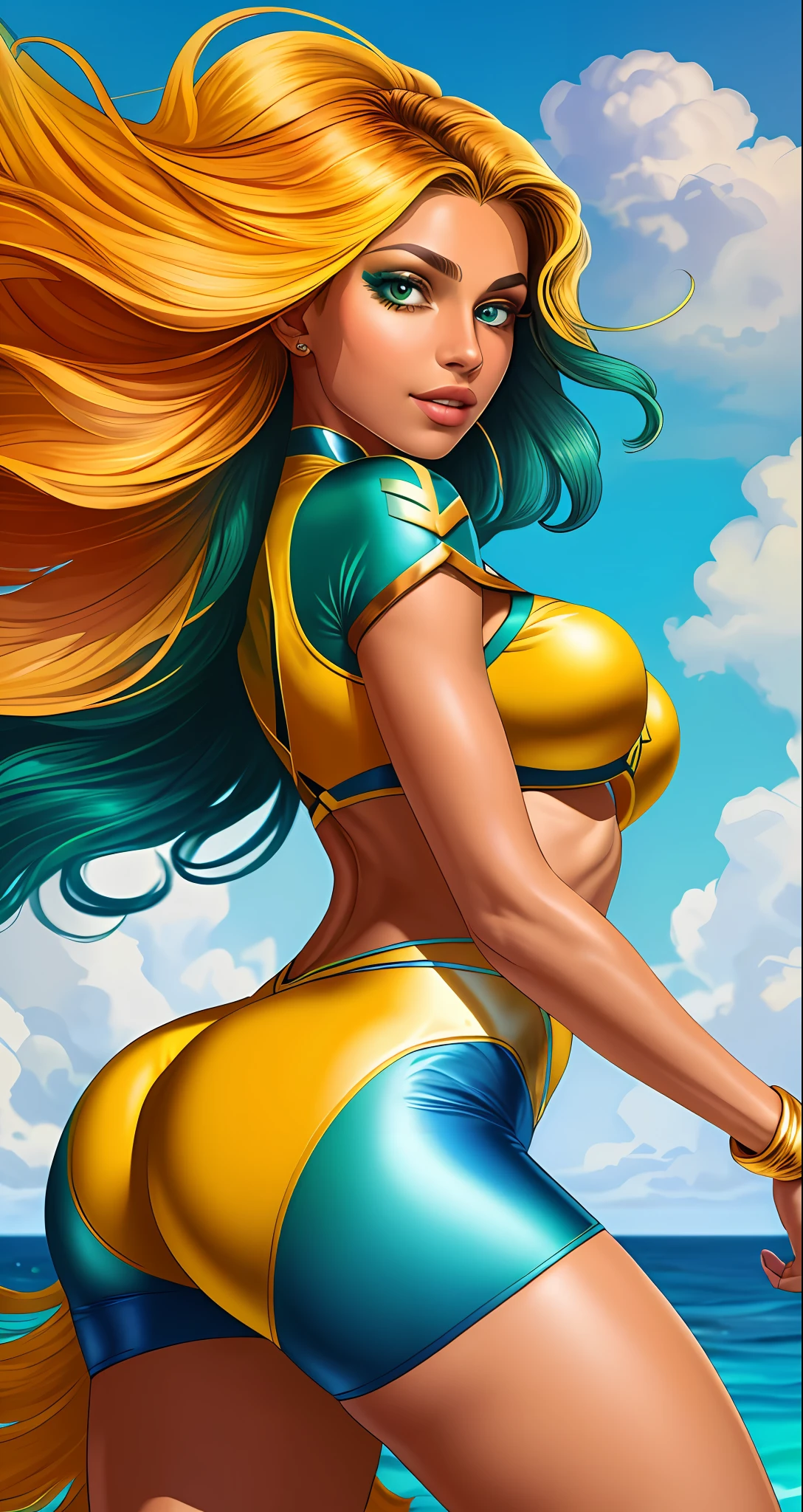 Aurora "Brasilis" is a Brazilian heroine with long, wavy hair in the color of the sun, in shades of gold and orange. Her eyes reflect the colors of the ocean, with shades of blue and green, and her skin has a tan tone. She wears a costume inspired by the colors of the Brazilian flag, combining green, yellow and blue. His costume is modern, practical and has details of leaves and flowers, referring to nature.