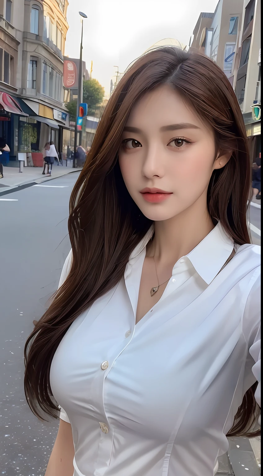((Best quality, 8k, Masterpiece :1.3)), Sharp focus :1.2, A pretty woman with perfect figure :1.4, Slender abs :1.2, ((Dark brown hair, Big breasts :1.2)), (White button up long shirt :1.1), City street:1.2, Highly detailed face and skin texture, Detailed eyes, Double eyelid
