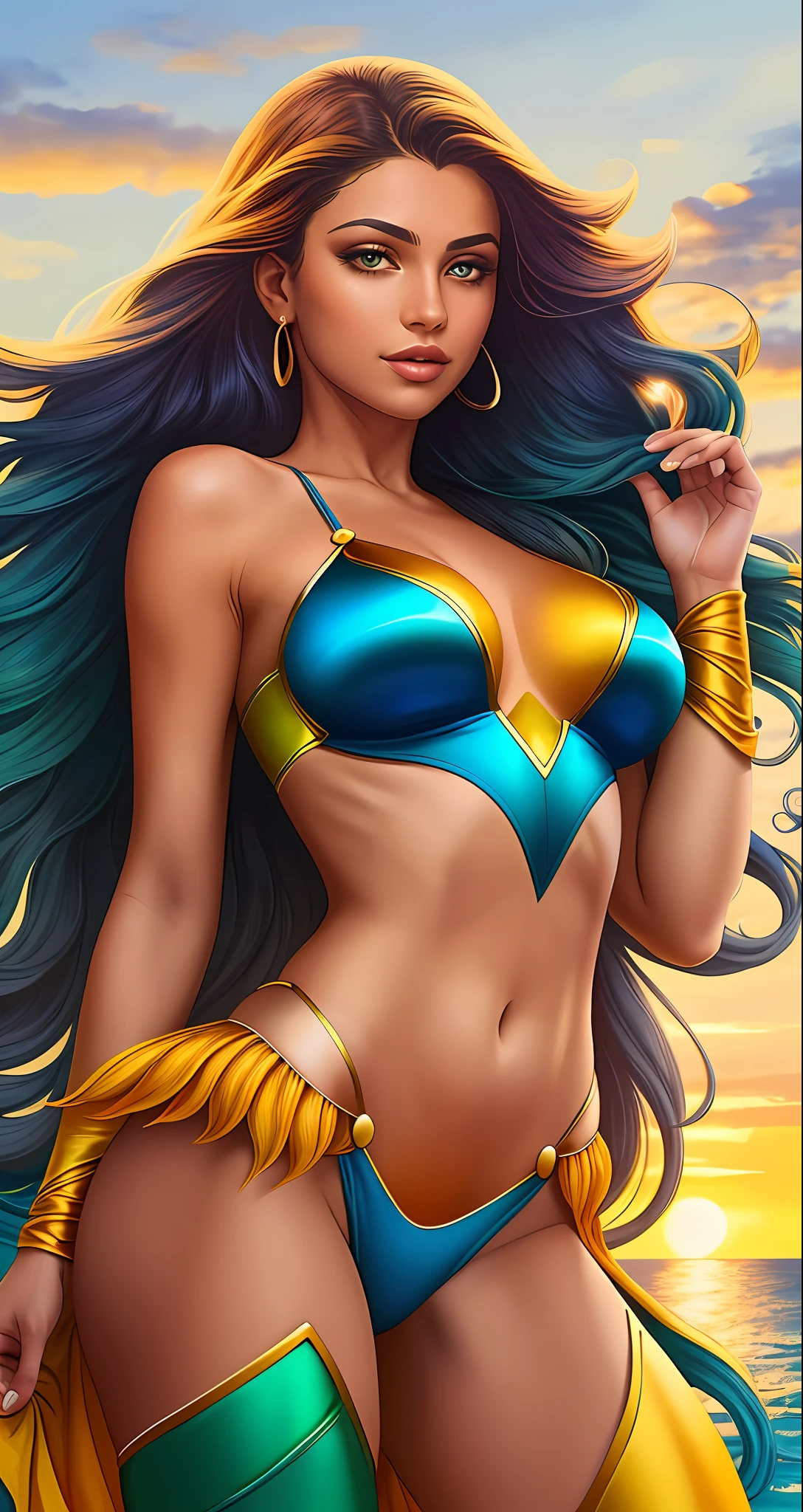 Aurora "Brasilis" is a Brazilian heroine with long, wavy hair in the color of the sun, in shades of gold and orange. Her eyes reflect the colors of the ocean, with shades of blue and green, and her skin has a tan tone. She wears a costume inspired by the colors of the Brazilian flag, combining green, yellow and blue. His costume is modern, practical and has details of leaves and flowers, referring to nature.