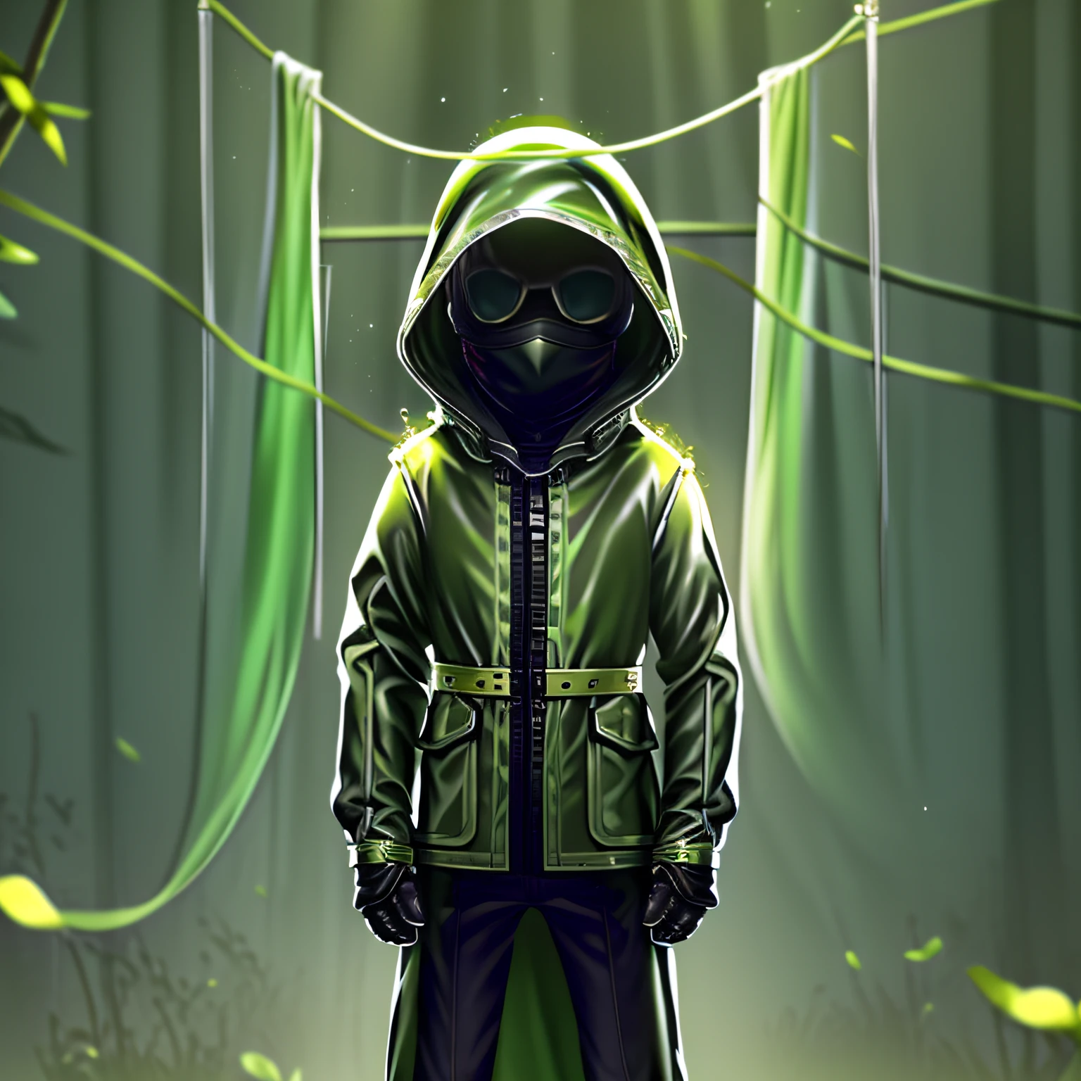 Masterpiece, high quality, young boy, covering his face with protective suit, holding a bug net, dark green coat, facing forward, looking at camera, full body, center of screen