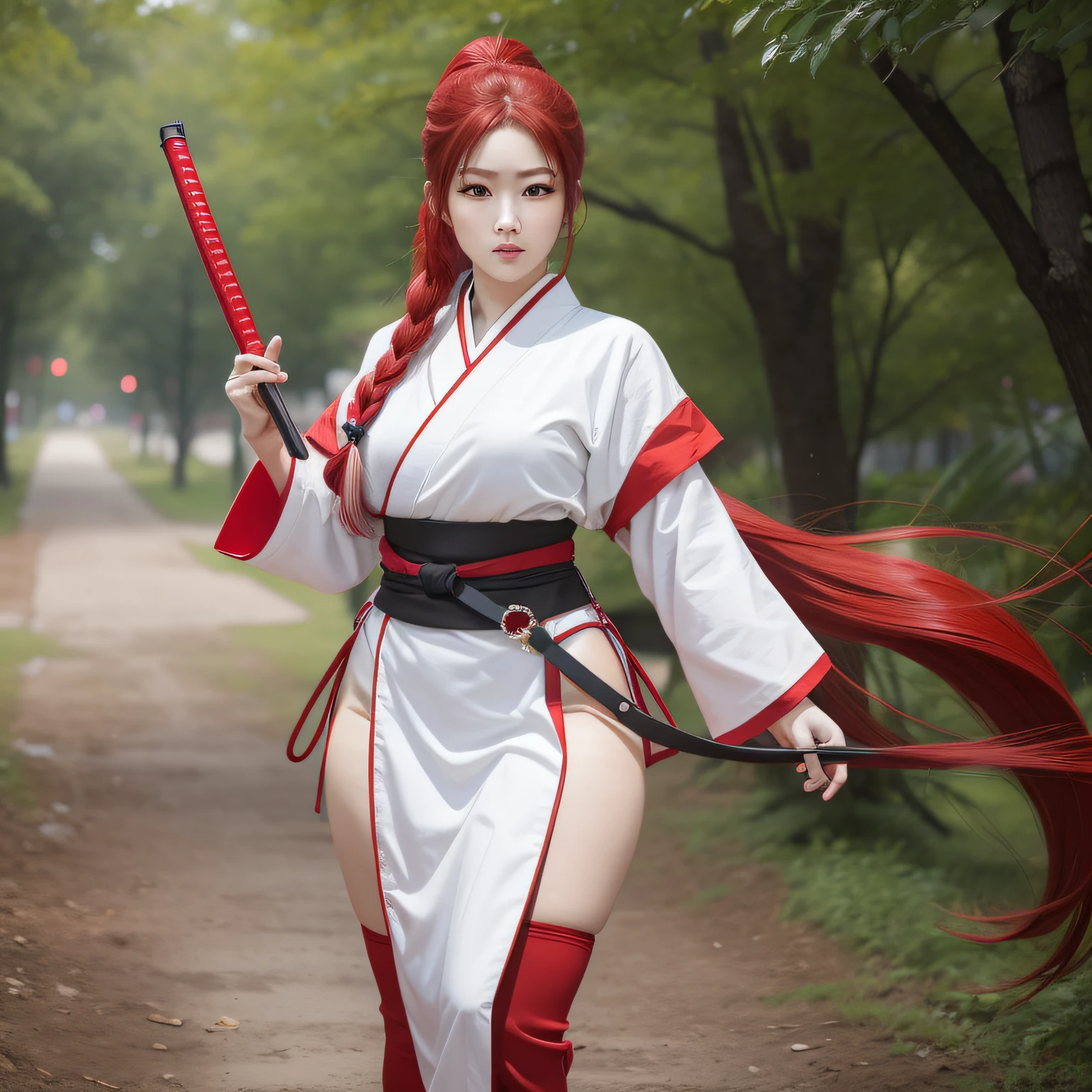 1girl, full body in action, long red hair ponytail, Asian, red eyes, , thick eyebrows, white samurai outfit, Hyper Realistic, 8k