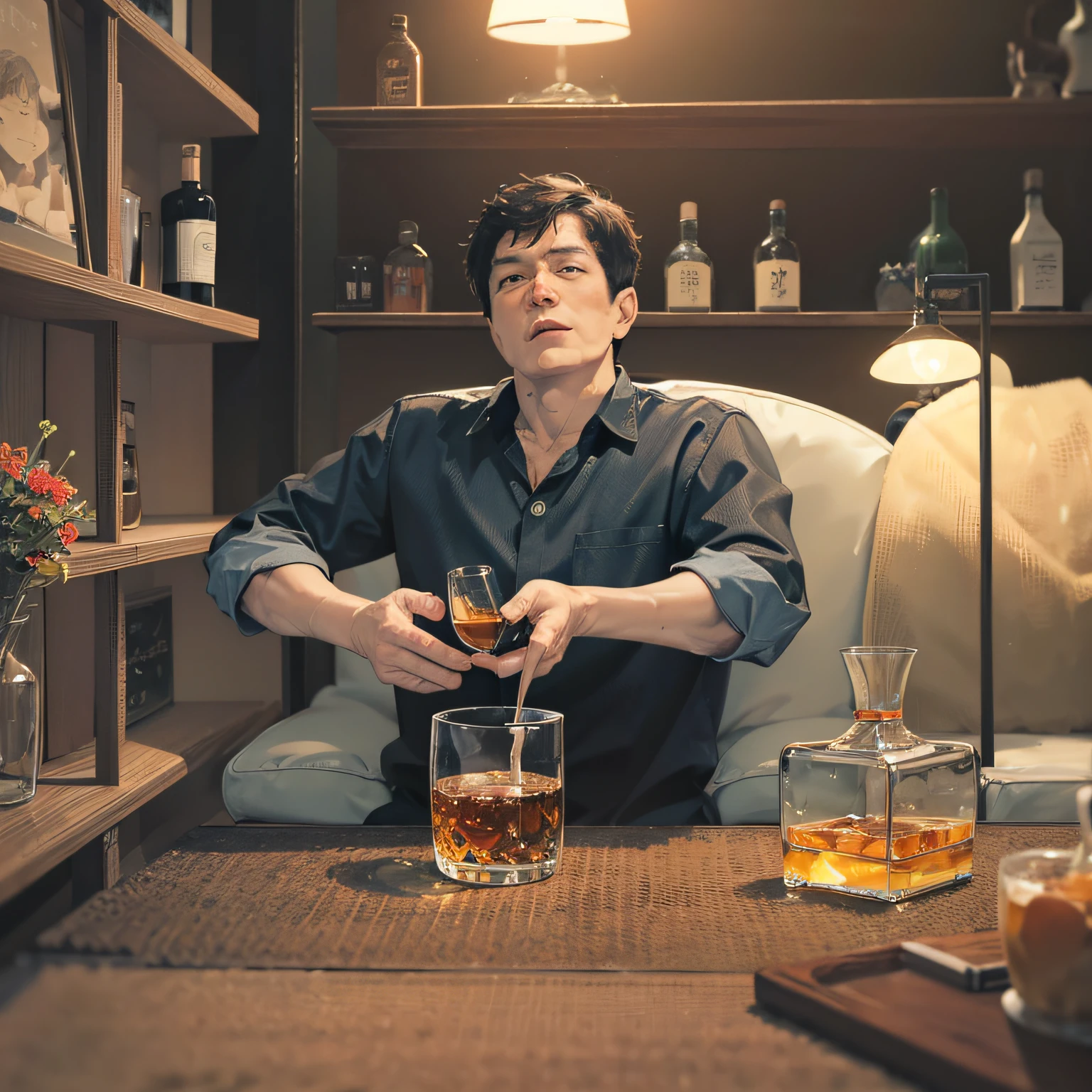 Japan male, age 54 years old, naked eyes, short hair, sitting on sofa, professional carpenter, whiskey lover, alcohol lover, 2 meters aquarium in the room, nature aquarium inside, Scotch whiskey on the whiskey shelf, glass with a highball in the corner of the aquarium