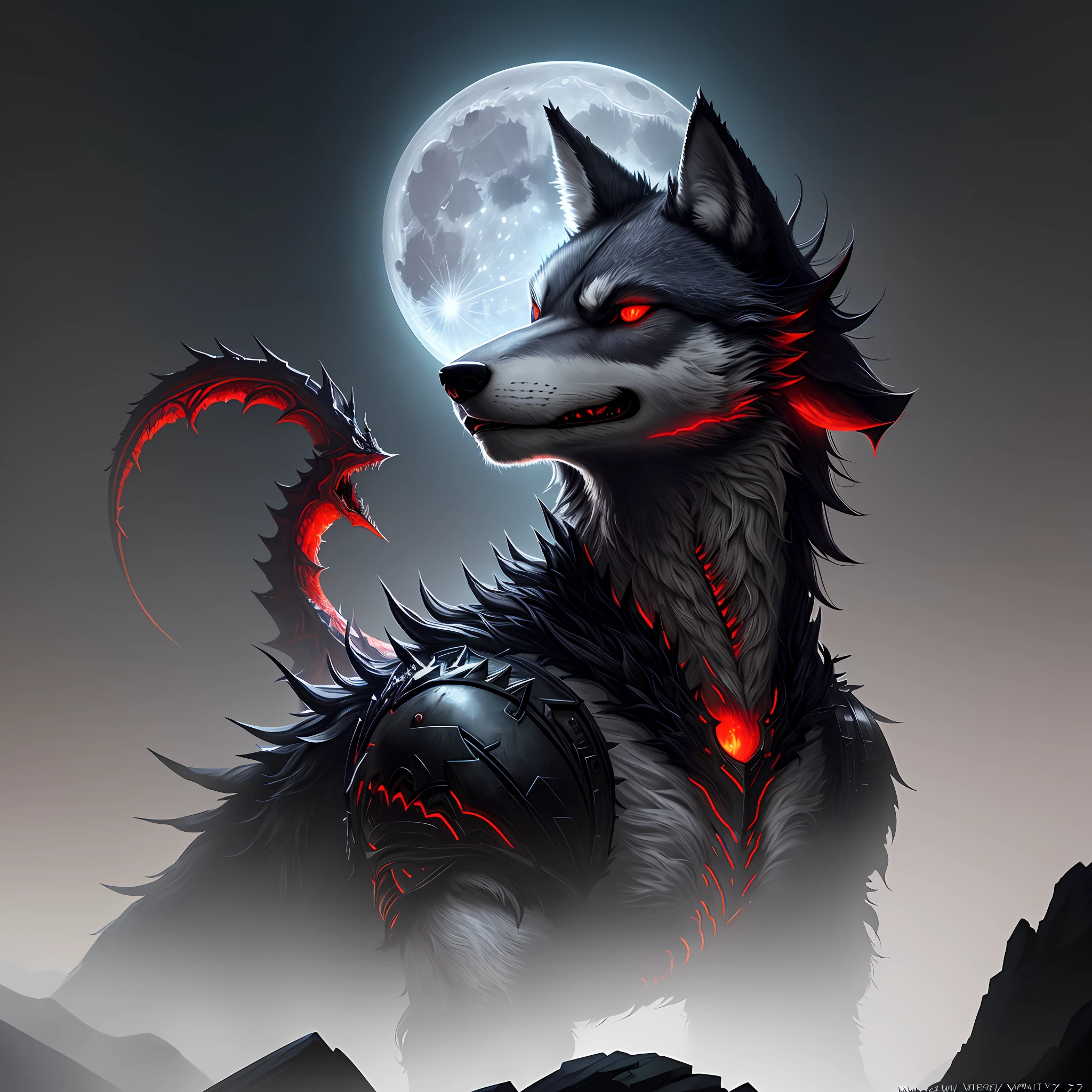 there is an image of a wolf with red eyes and a full moon, epic fantasy digital art style, fenrir, cyborg dragon portrait, dark fantasy style art, by Yang J, d&d trend at artstation, stunning detailed art style, deviantart artstation, by Adam Marczyński, detailed 2d digital fantasy art