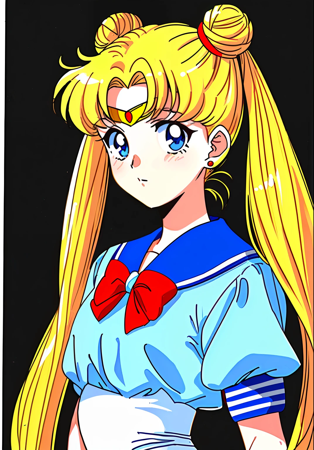 masterpiece, best quality, 1990s \(style\), 1980s \(style\), 1girl, sailor moon, blonde hair, hair bun, double bun, twintails, long hair, blue eyes, blue sailor collar, red bow, upper body, sepia, film grain,