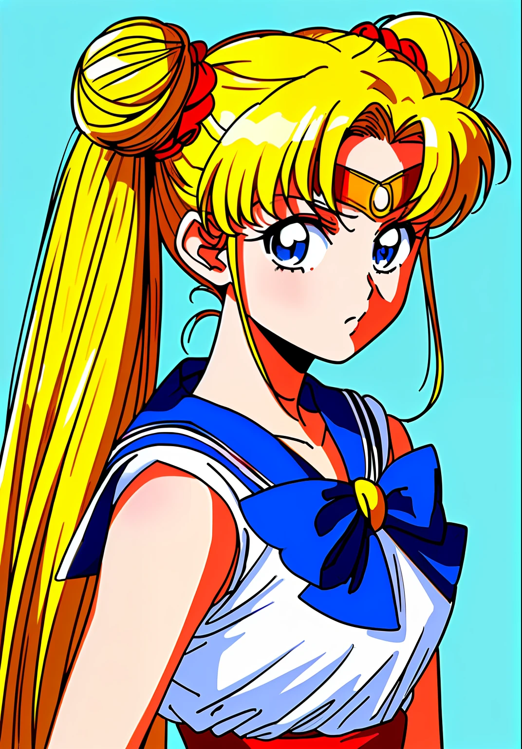 masterpiece, best quality, 1990s \(style\), 1980s \(style\), 1girl, sailor moon, blonde hair, hair bun, double bun, twintails, long hair, blue eyes, blue sailor collar, red bow, upper body, sepia, film grain,