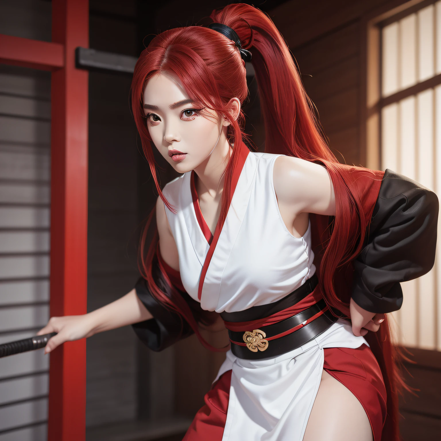 1girl, full body in action, long red hair ponytail, Asian, red eyes, , thick eyebrows, white samurai outfit, Hyper Realistic, 8k